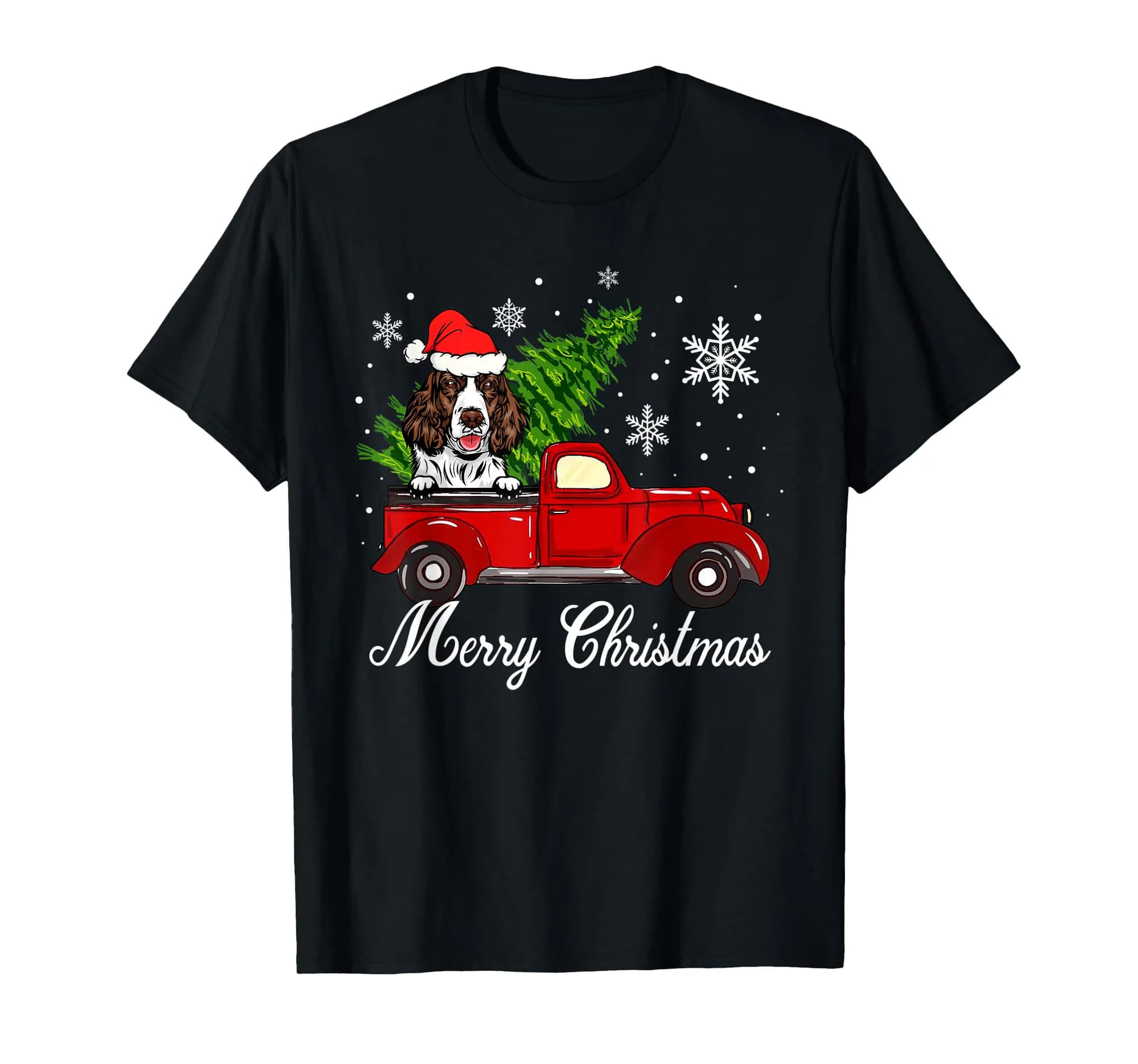 English Springer Spaniel Dog Riding Red Truck Christmas T-Shirt