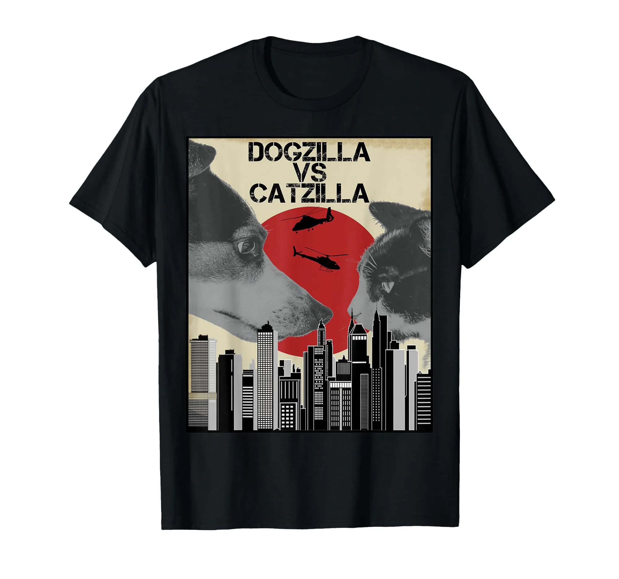 Dogzilla vs. Catzilla Japanese Sunset Style Cat Kitten Dog T-Shirt