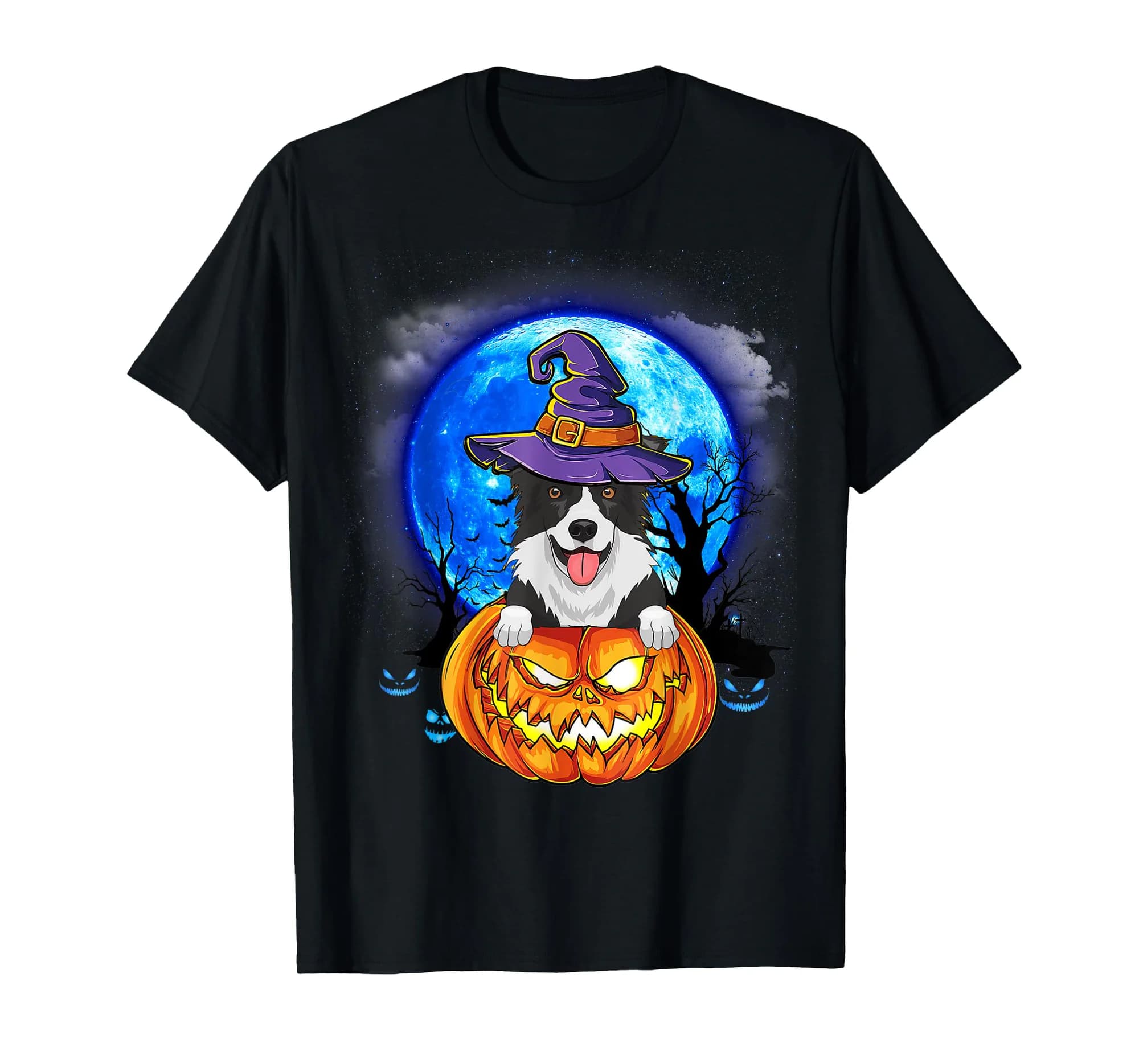 Border Collie Witch Moon Pumpkin Scary Halloween Dog Lovers T-Shirt