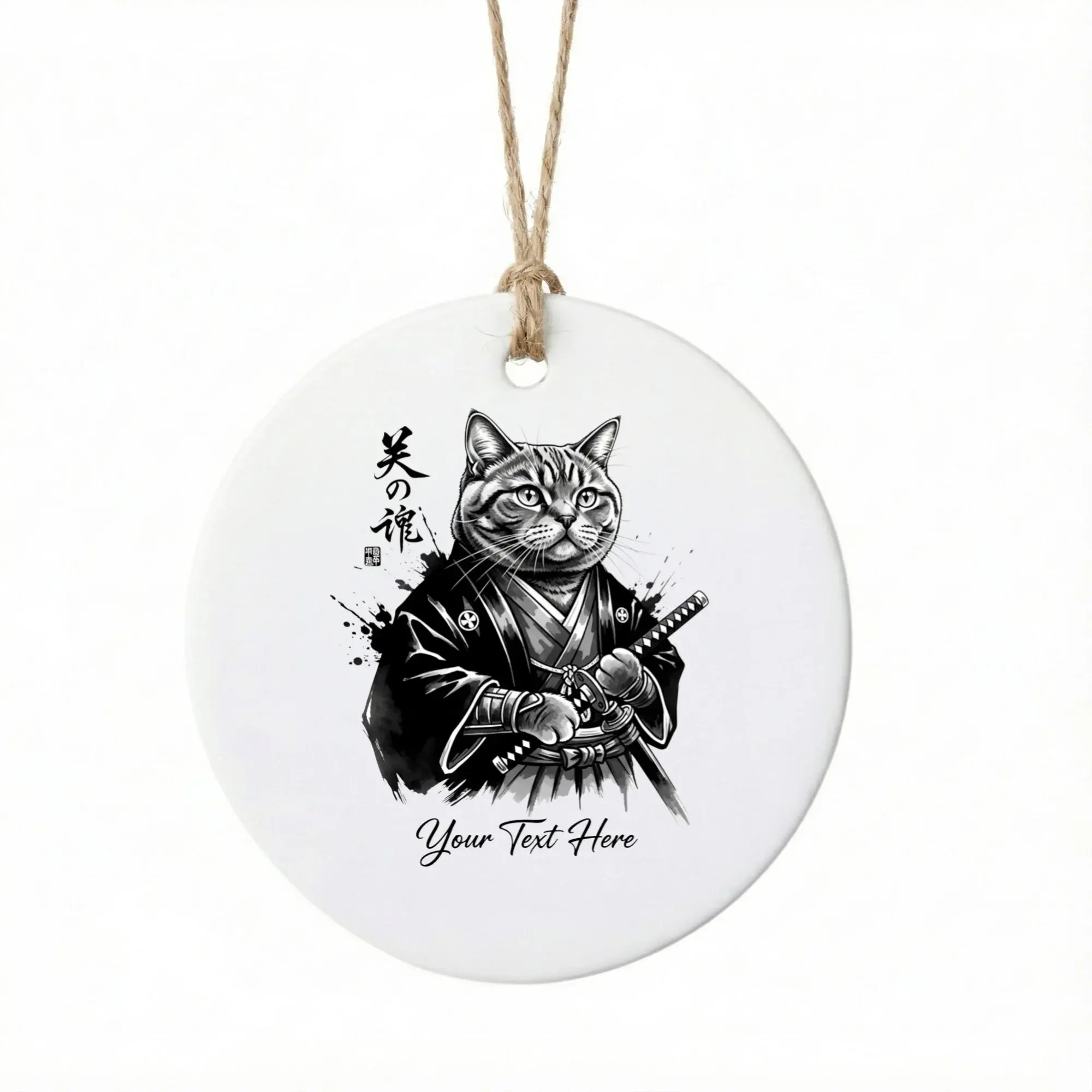 Christmas Ornament Samurai Cat Ceramic Keepsake Festive Holiday Tree Decor Personalized Decorative Hanging Gift