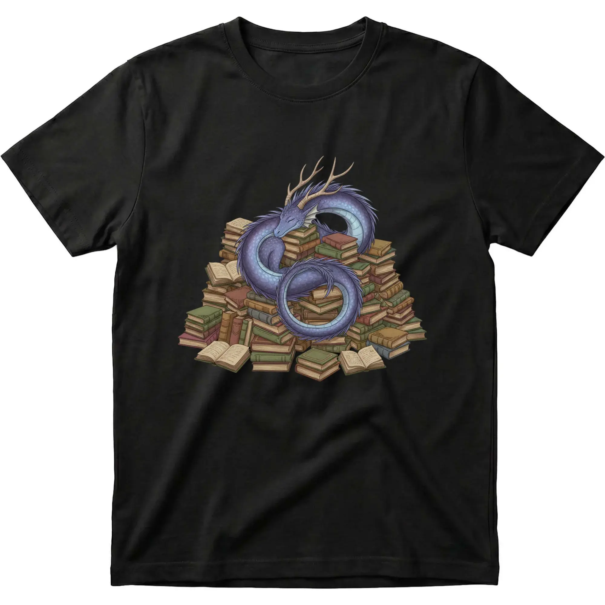 Graphic Tee Unisex Crew Neck Shirt Featuring an Artistic Sleeping Comfortably on a of Books