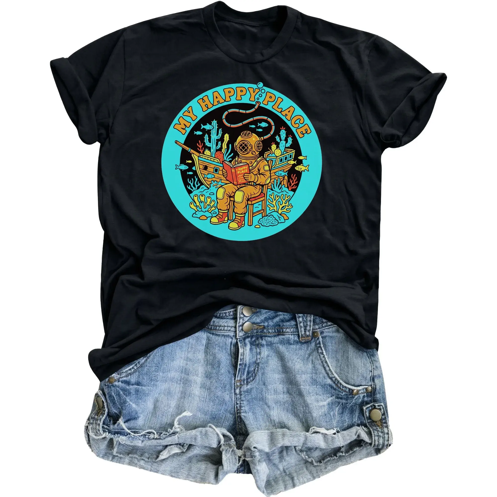 Graphic Tee My Deep Sea Diver Reading Underwater Illustration Unisex Crew Neck Casual Cotton Shirt