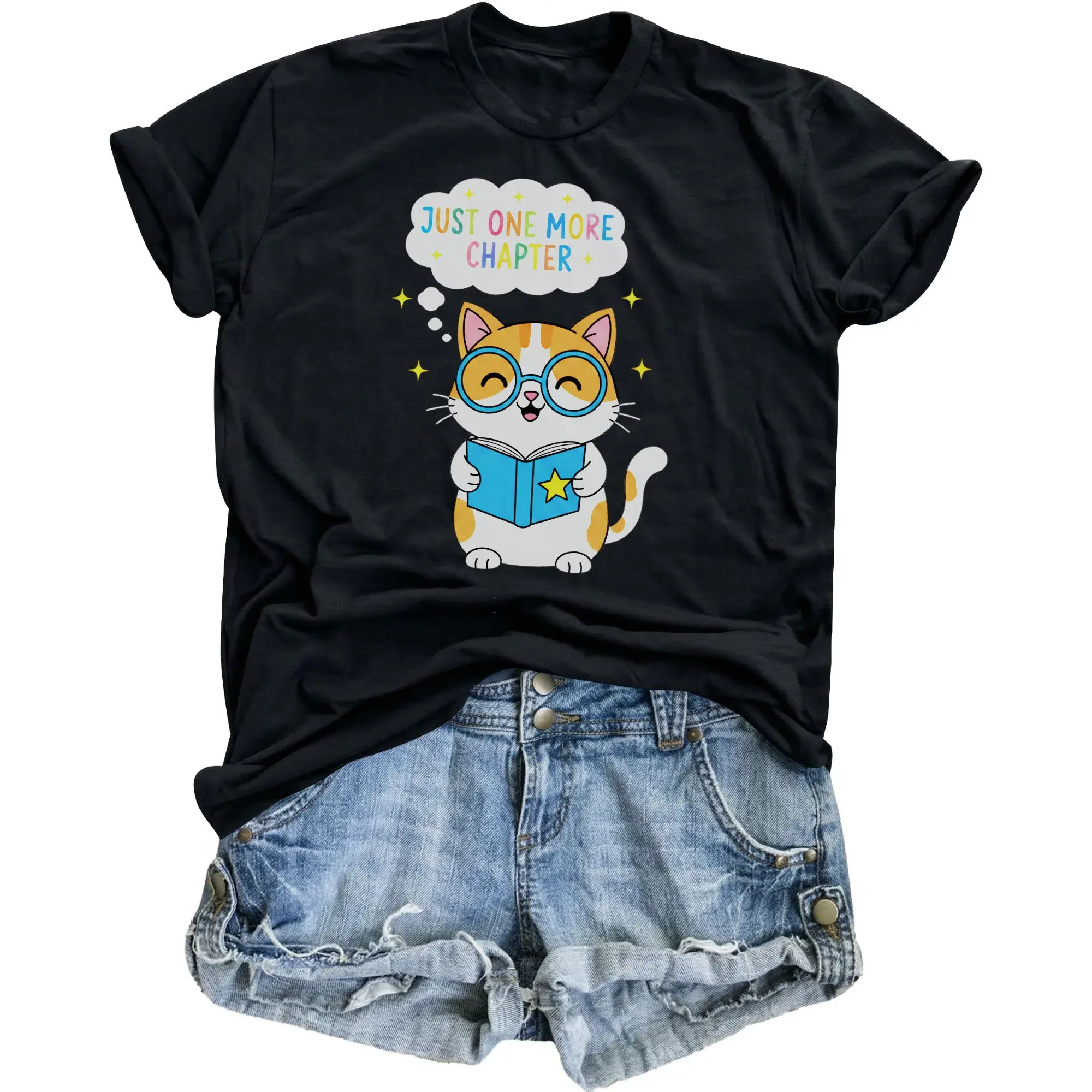 Graphic Tee More Chapter Cute Reading Cat Print Unisex Crew Neck Casual Everyday Shirt for Book Lovers