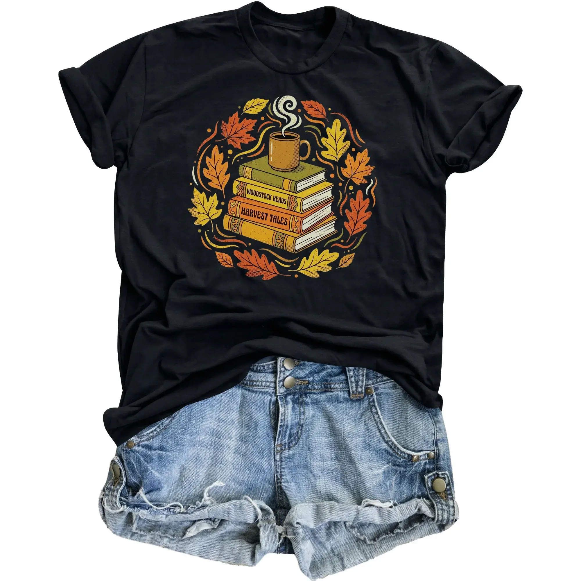 Graphic Tee Autumn Book Lover Gift Unisex Crew Neck Shirt Featuring Coffee Cup and Fall Leaves Illustration