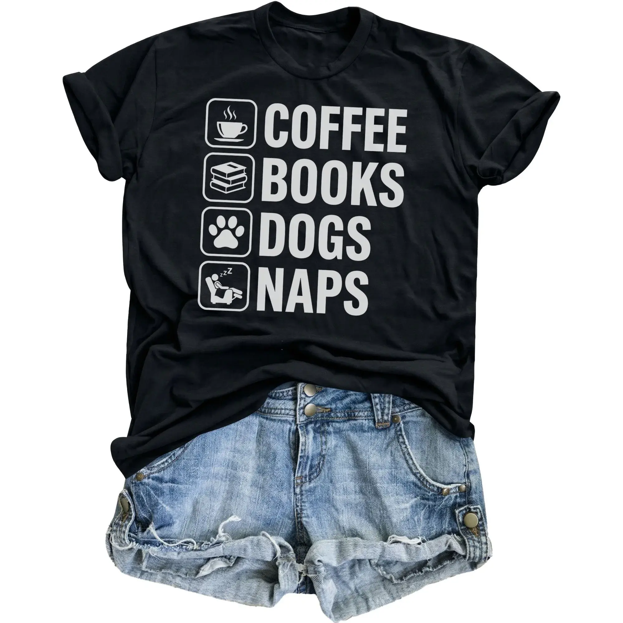 Funny Graphic Tee Coffee Books Dogs Naps Shirt Unisex Casual Crew Neck Apparel for Everyday Comfort and Style