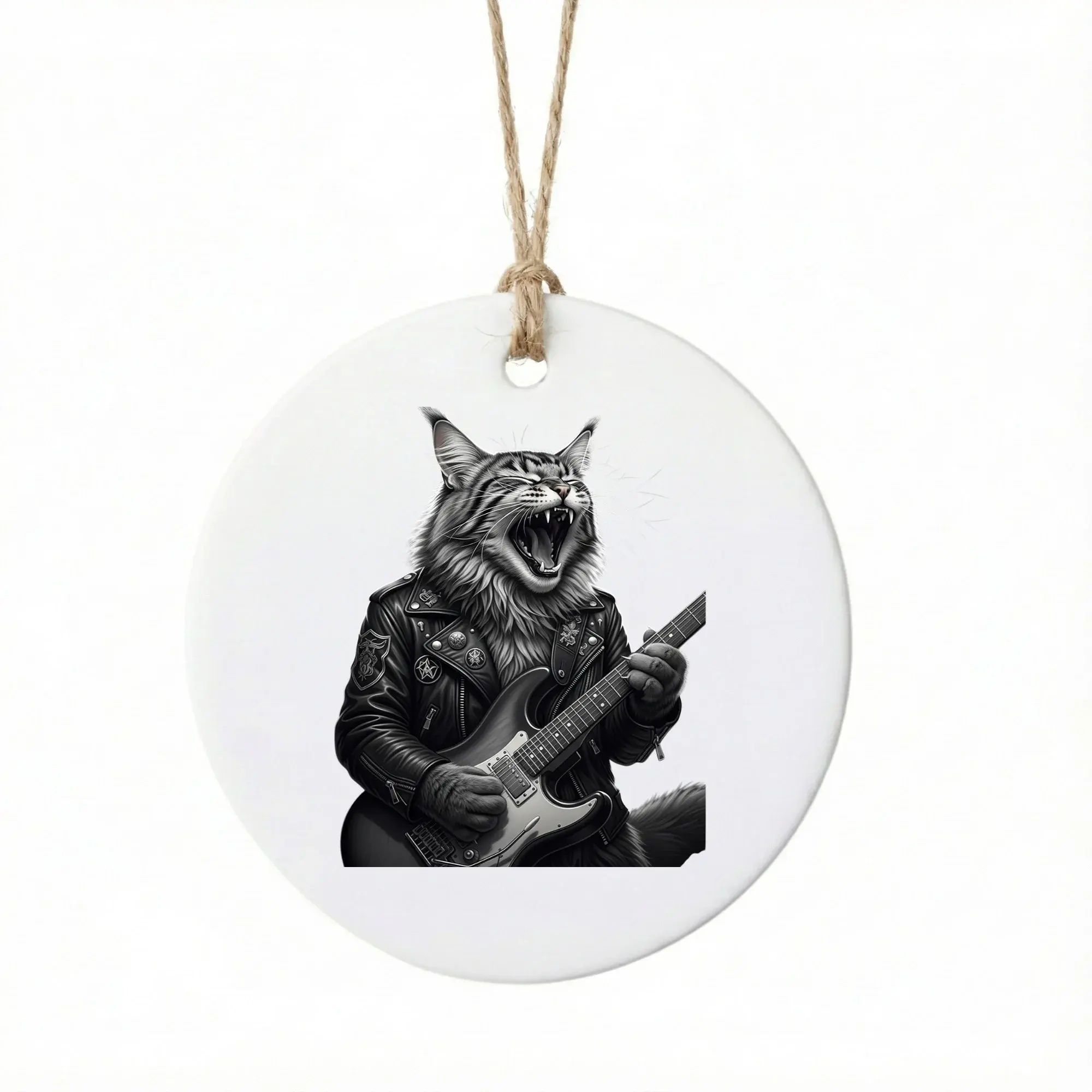 Christmas Ornament Rock Star Cat Featuring a Playing Guitar Graphic on Premium White Ceramic Holiday Keepsake Decor