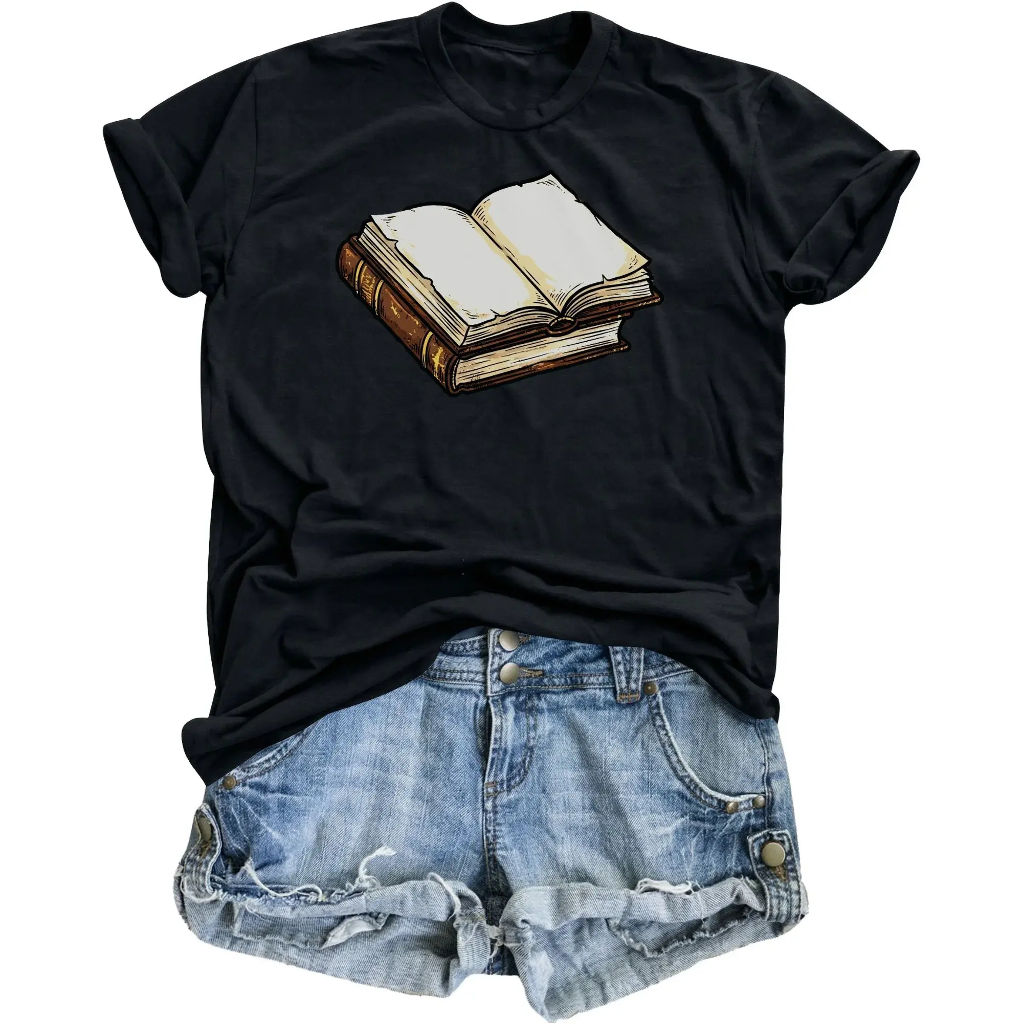 Graphic Tee Book Illustration Unisex T-Shirt Soft Cotton Blend Casual Top for Literature Lovers and Readers Black