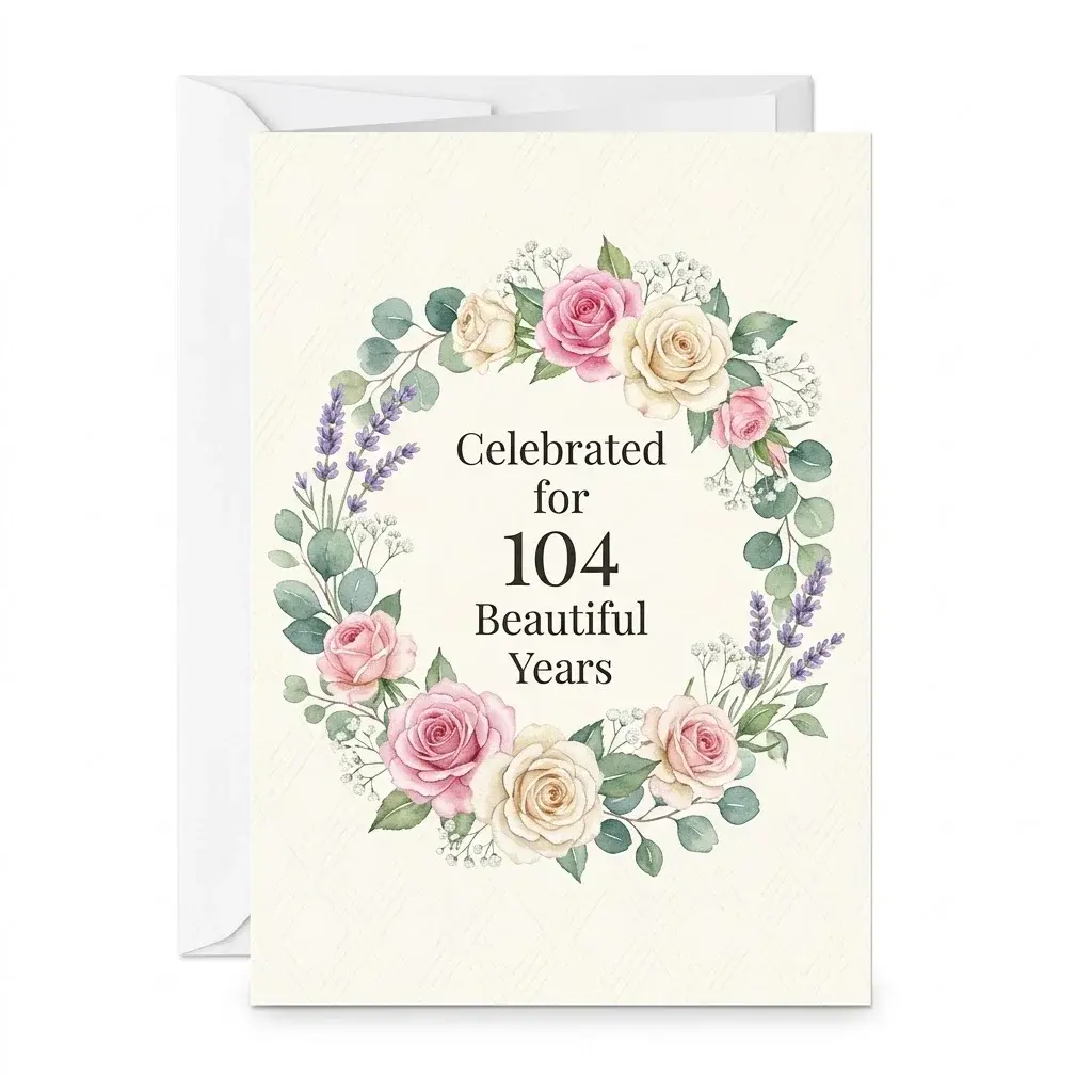 Greeting Card for 104th Birthday Celebration Elegant Floral Wreath Design Matte Finish Folded Note with White Envelope
