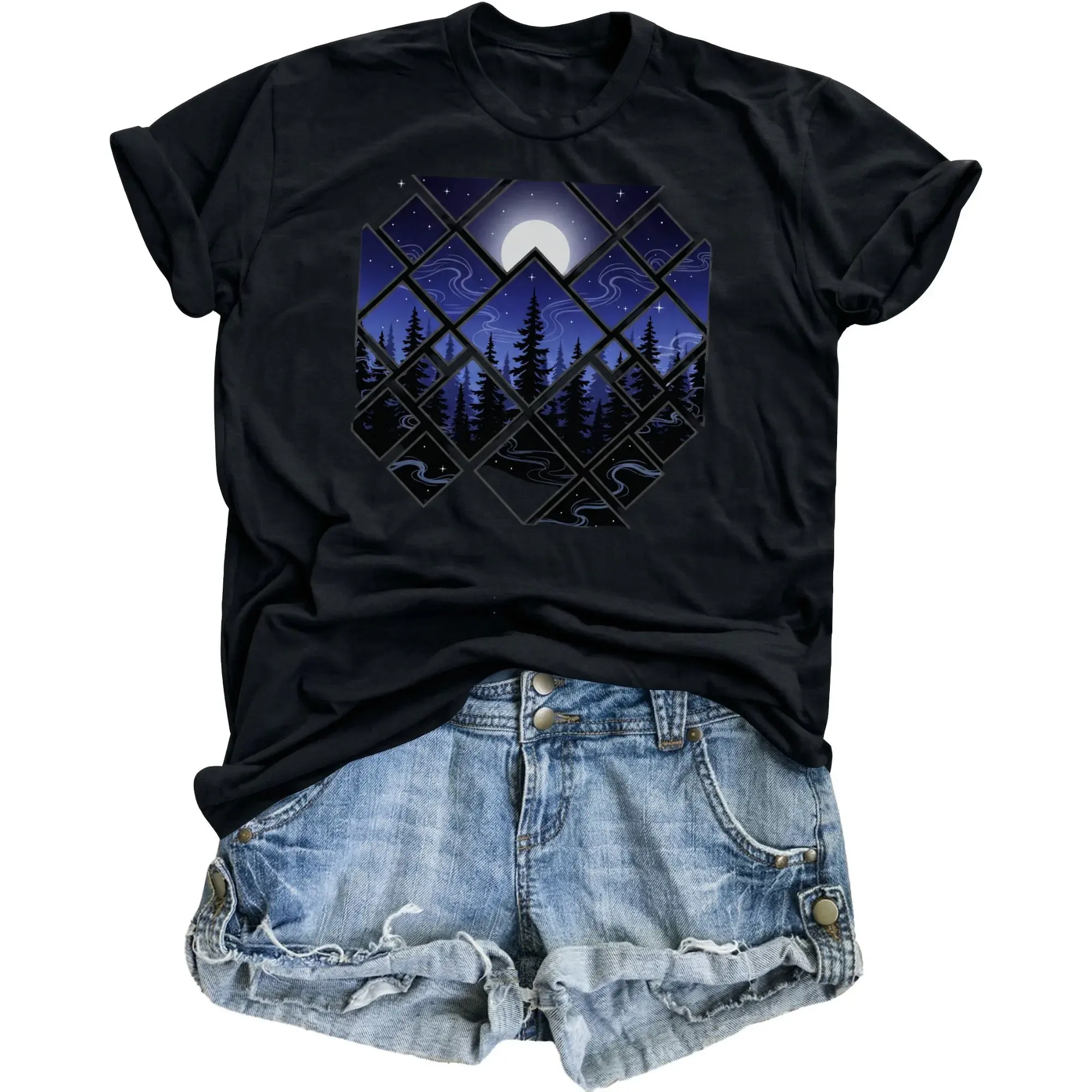 Graphic Tee Nature Mountain Forest Artistic Geometric Night Sky Design Unisex Crew Neck Shirt