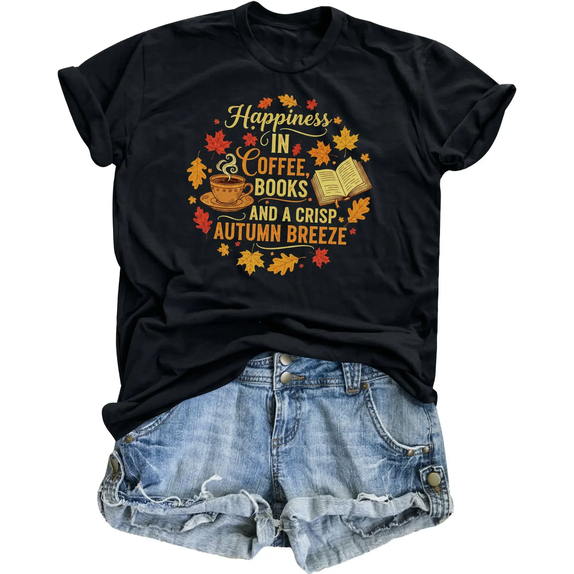 Graphic Tee Autumn Happiness in Coffee Books Fall Seasonal Unisex Crew Neck Casual Everyday Printed T-Shirt