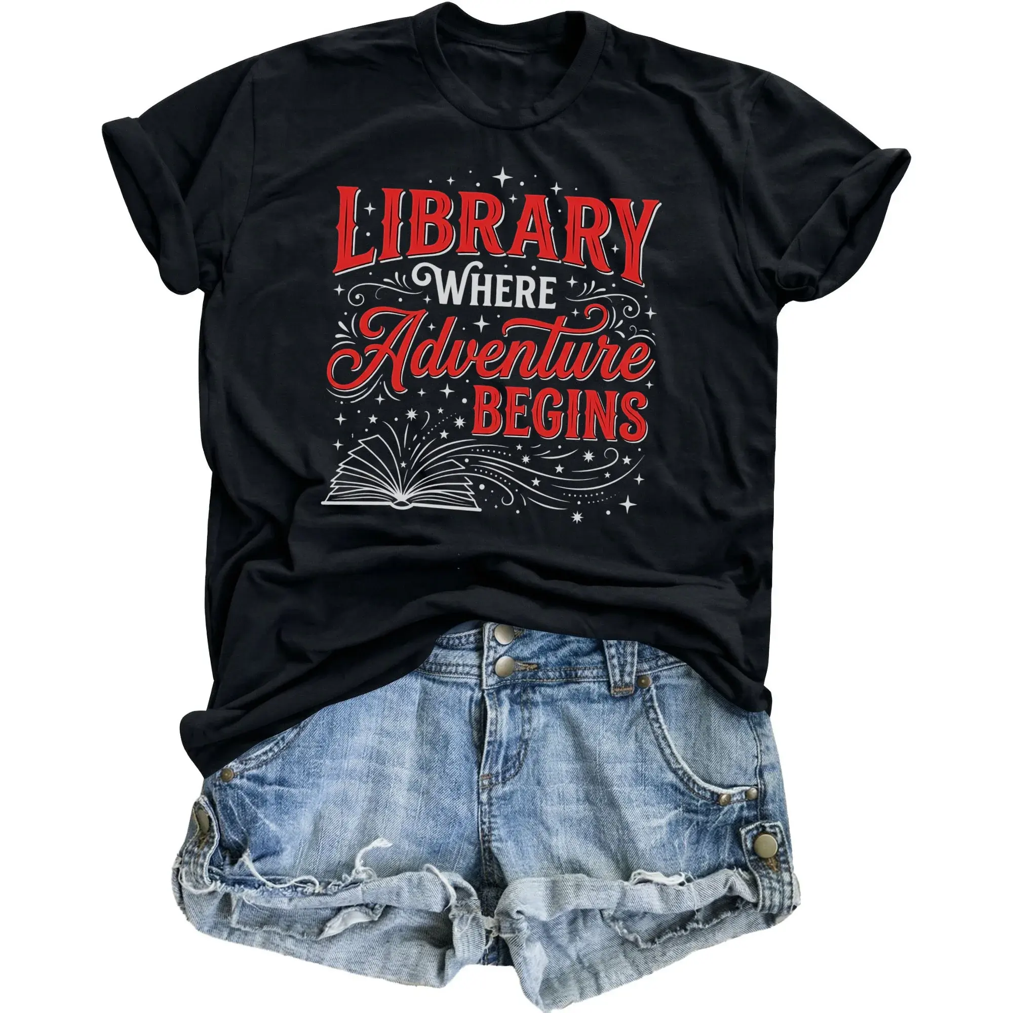Graphic Tee Library Where Adventure Begins Unisex T-Shirt Reading Enthusiast Shirt for Casual Everyday Apparel Style