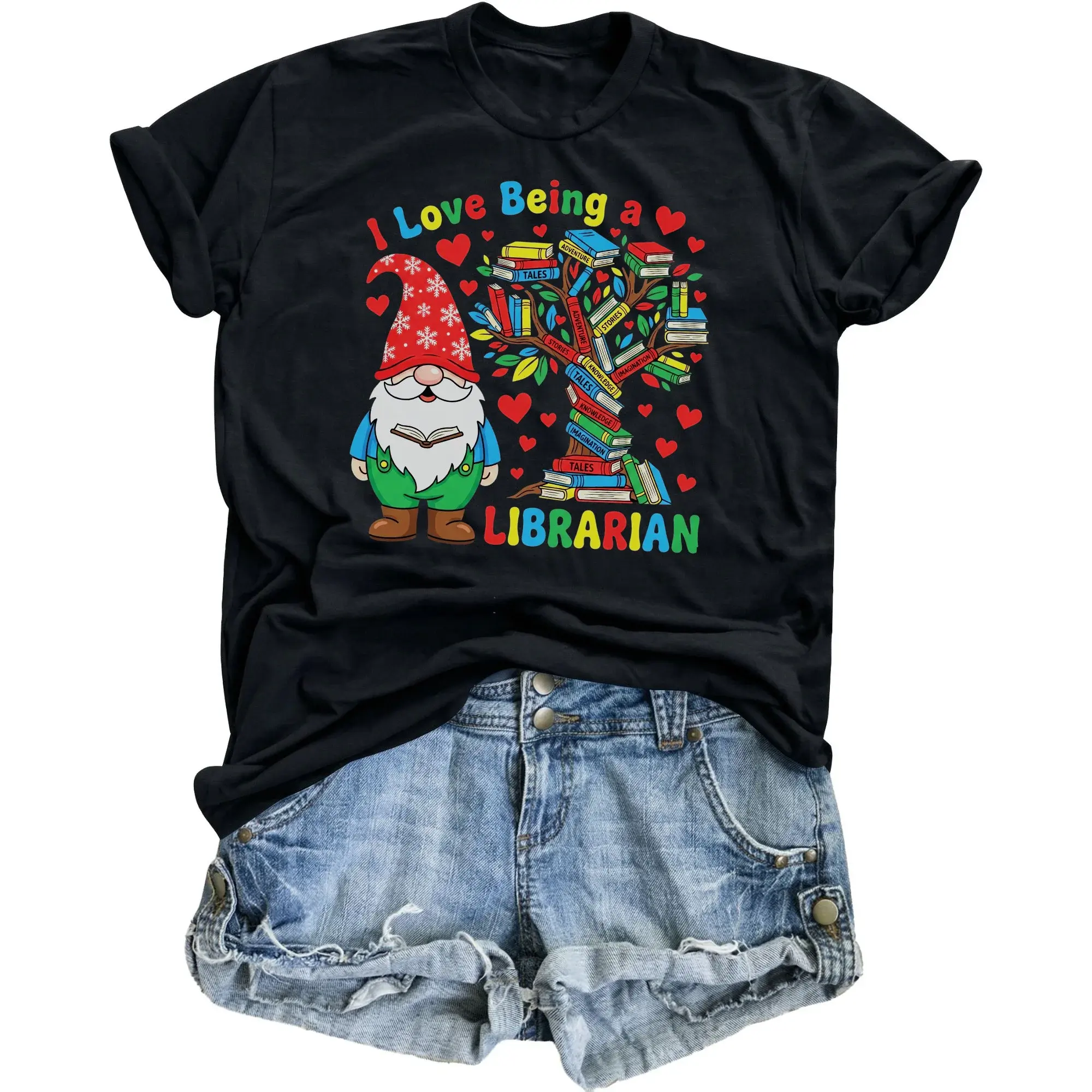 Graphic Tee I a Librarian Shirt Featuring Cute Gnome and Book Tree Design Unisex Crew Neck Apparel