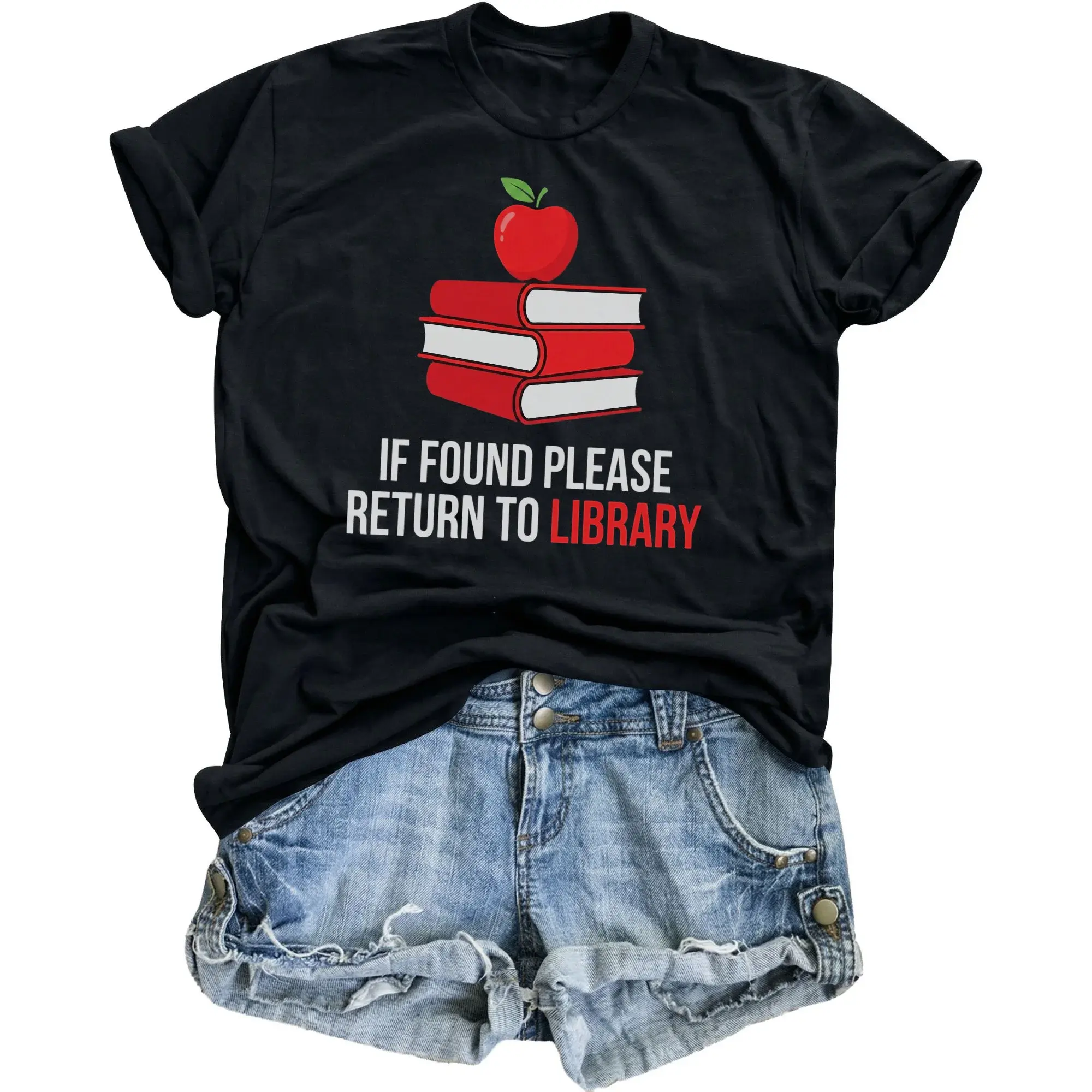 Graphic Tee Funny Book Lover Gift Unisex Casual Crew Neck T-Shirt Featuring Please to Library Print