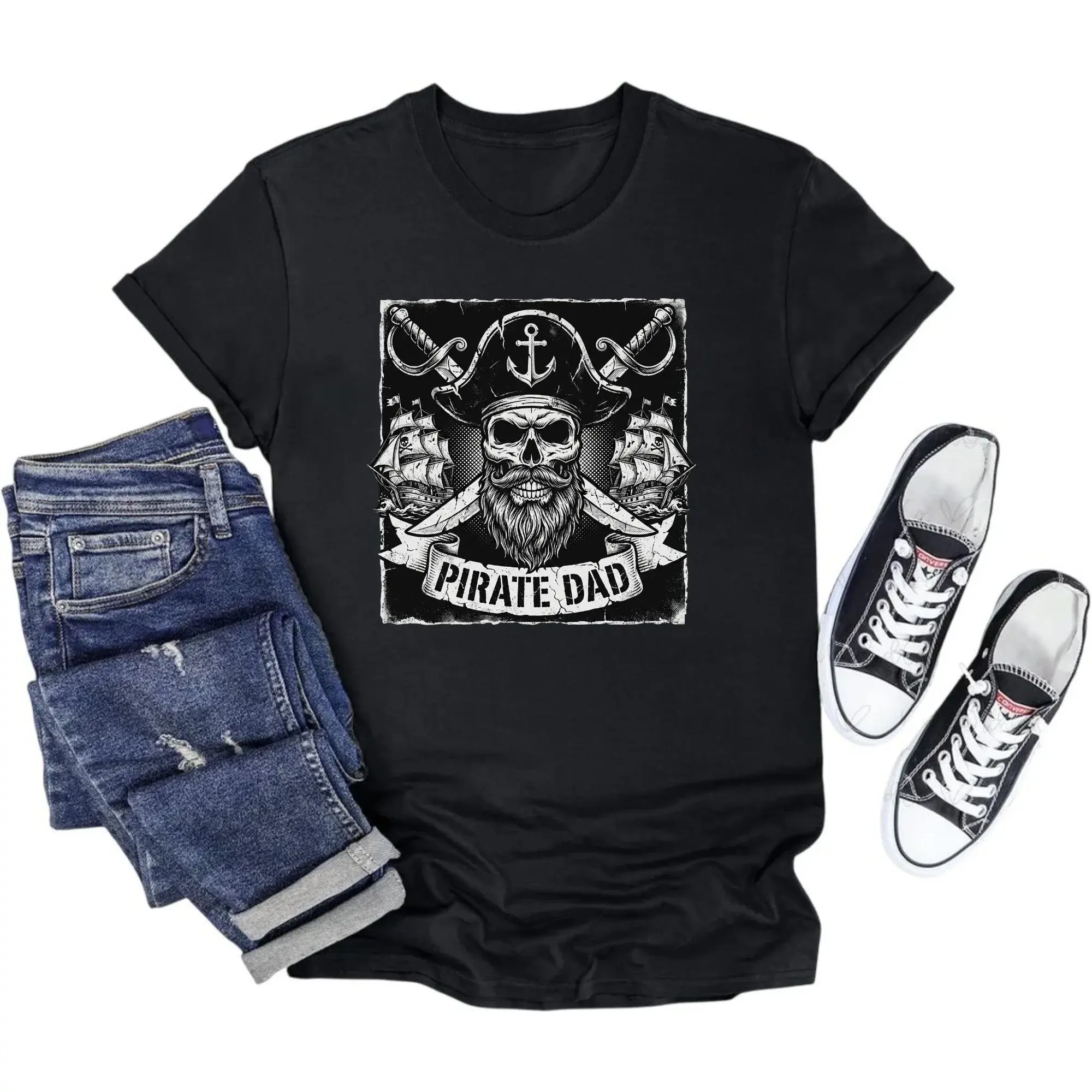 Funny Pirate Dad Graphic Tee Unisex Crew Neck Short Sleeve Shirt for Casual Wear and Nautical Themed Apparel Gifts
