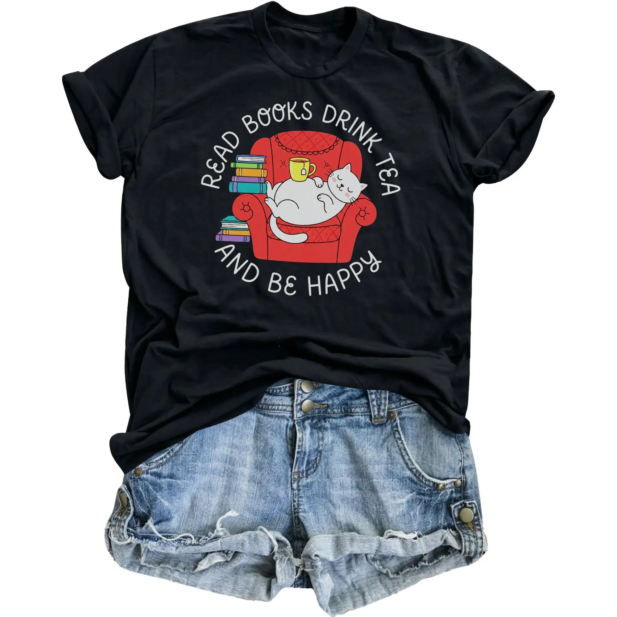 Graphic Tee Read Books Drink Tea and Be Happy Cute Cat Design Unisex Crew Neck Short Sleeve Cotton Casual Shirt