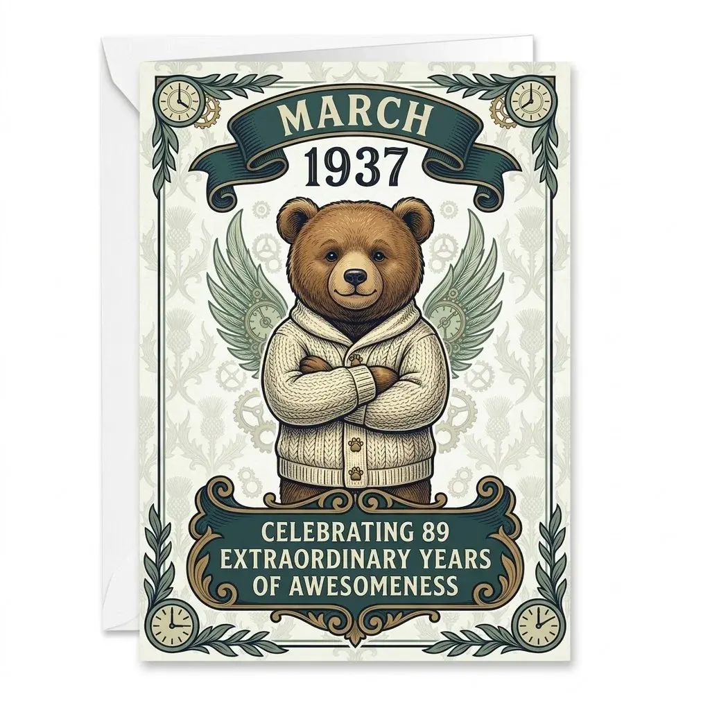 Vintage Birthday Greeting Card With Envelope Retro Mechanical Bear Milestone Celebration Note Card 5x7 Inch Folded Size