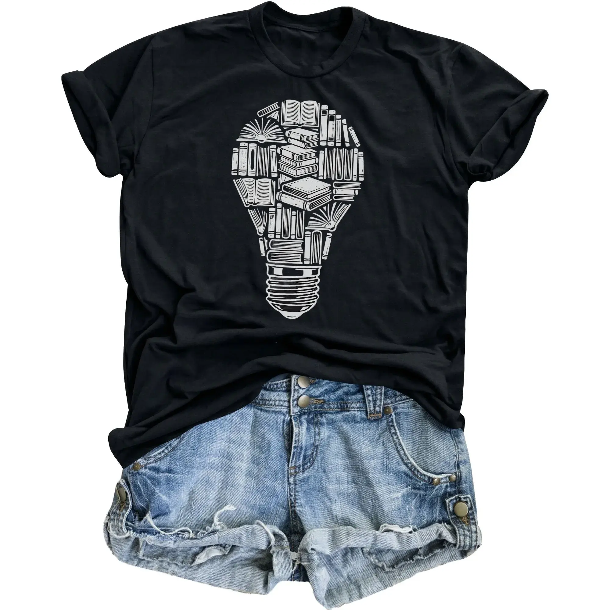 Graphic Tee Book Light Bulb Illustration Unisex Crew Neck Cotton Blend Shirt for Literature Lovers and Readers