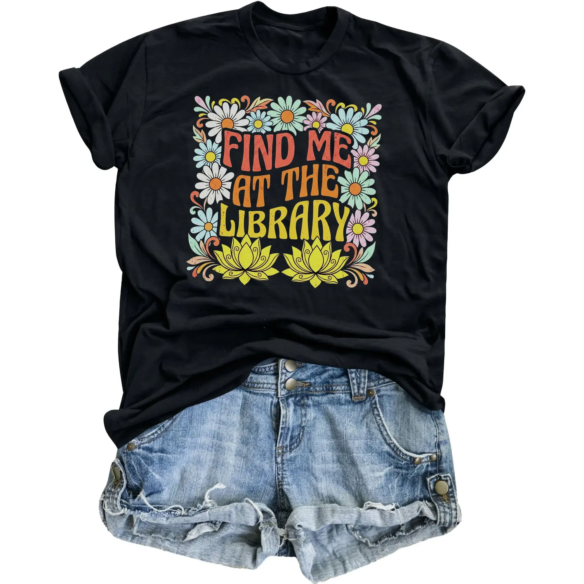 Graphic Tee Find the Library Unisex T-Shirt Casual Retro Style Reading Lover Shirt Design Cotton Top
