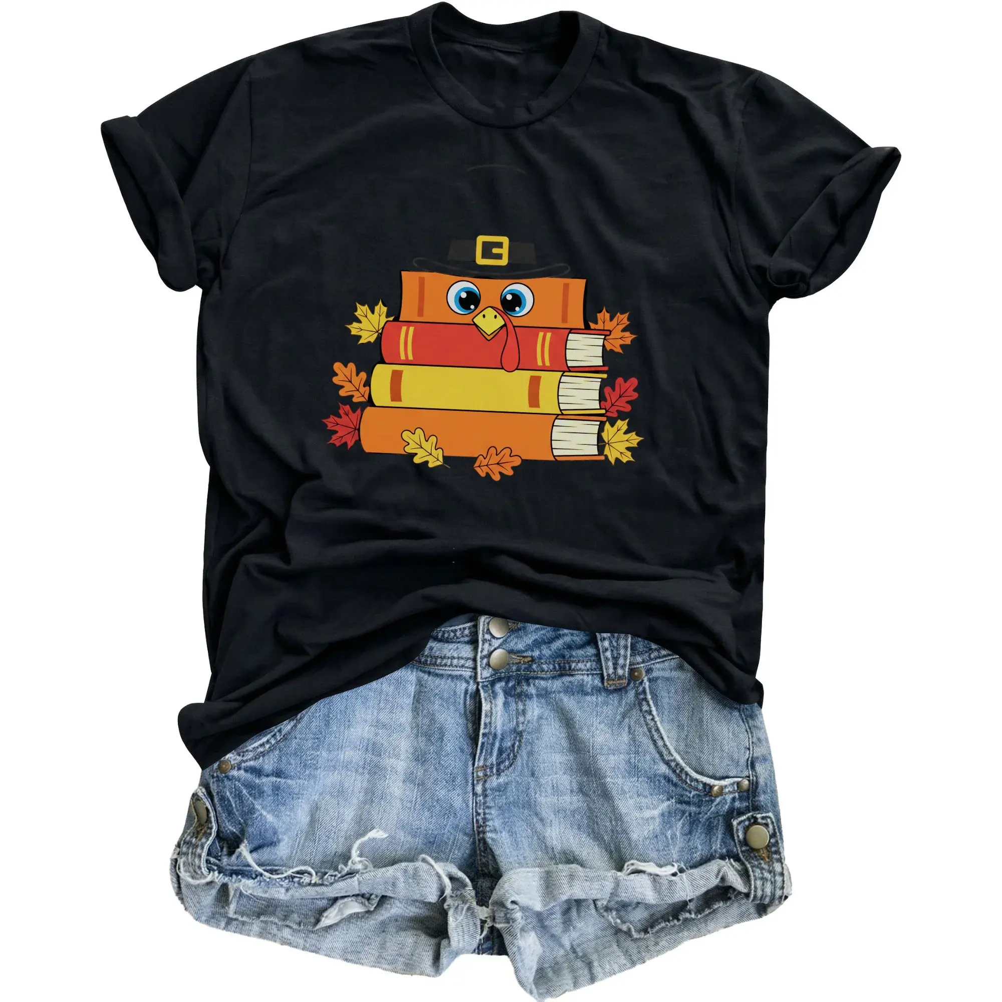 Graphic Tee Thanksgiving Turkey Books Design Unisex Casual Crew Neck T-Shirt for Autumn Holidays and Seasonal Style