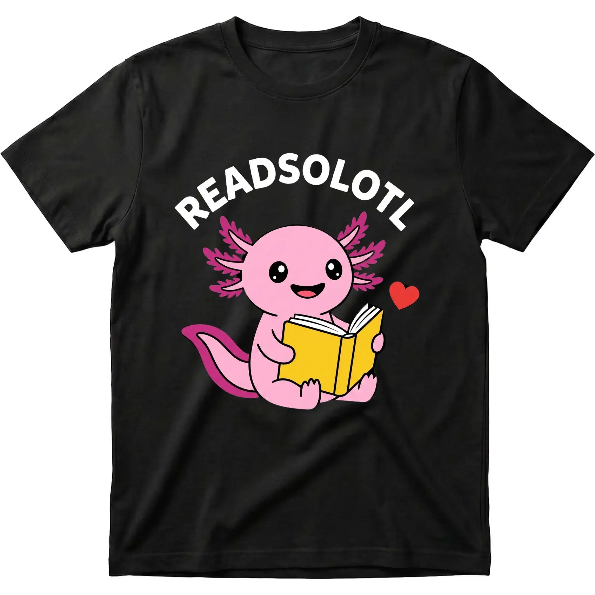 Funny Axolotl Reading Book Graphic Tee Unisex Casual Crew Neck T-Shirt for Lovers and Animal Enthusiasts