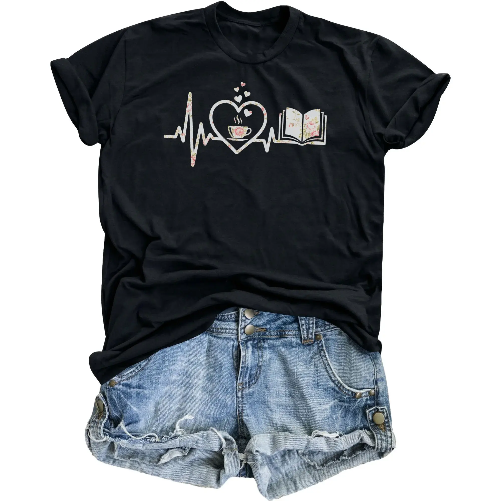Graphic Tee Book and Coffee Heartbeat Ekg Design Unisex Cotton Blend Casual Short Sleeve Crew Neck Fashion Shirt