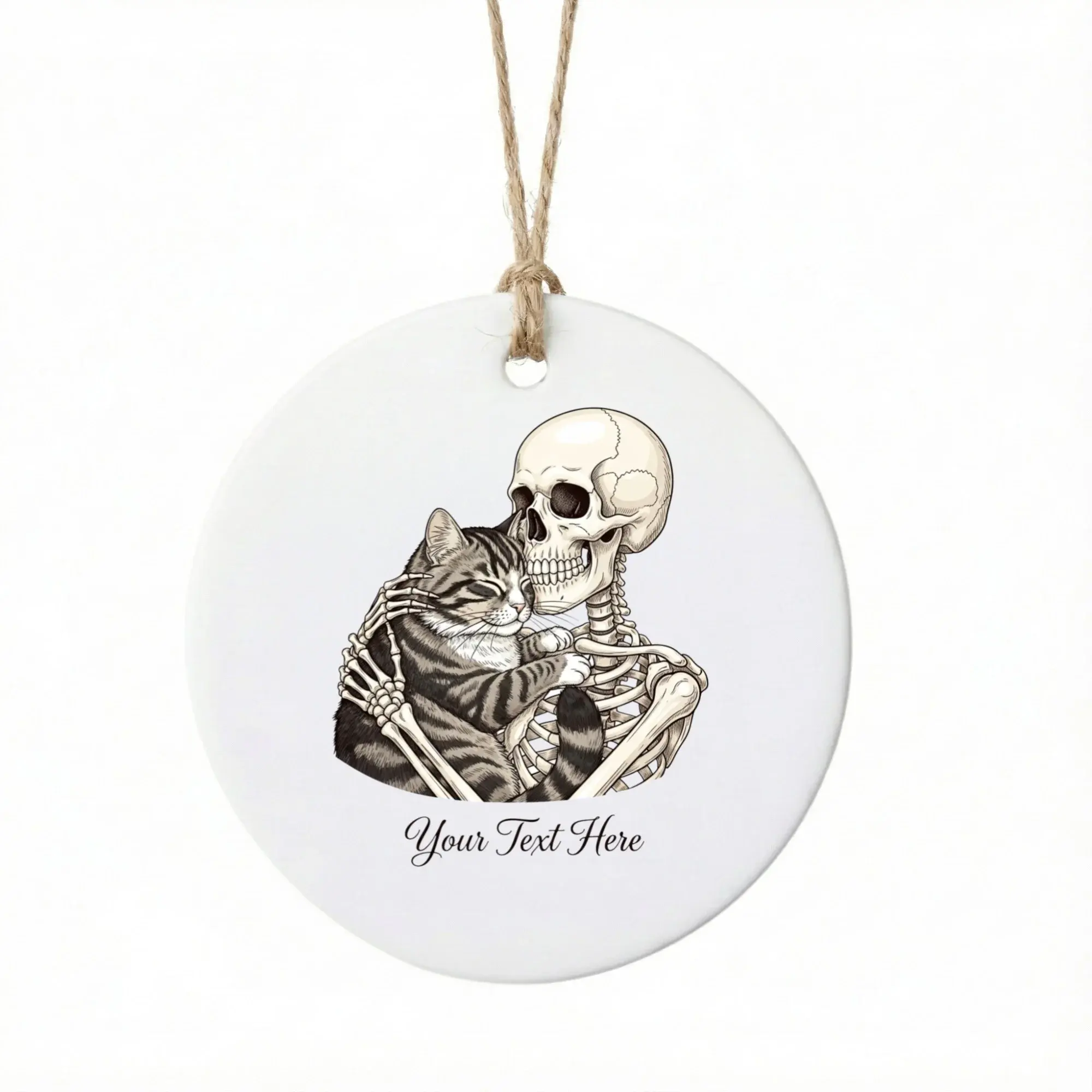 Christmas Ornament Ceramic Decoration Featuring an Illustrated Skeleton Hugging a Tabby Cat for Holiday Decor