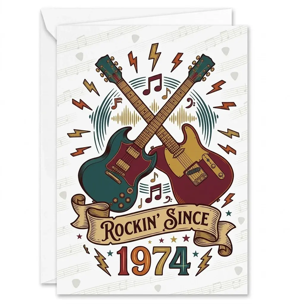 Retro Crossed Guitars Rockin' Since 1974 Greeting Card - milestone 50th birthday