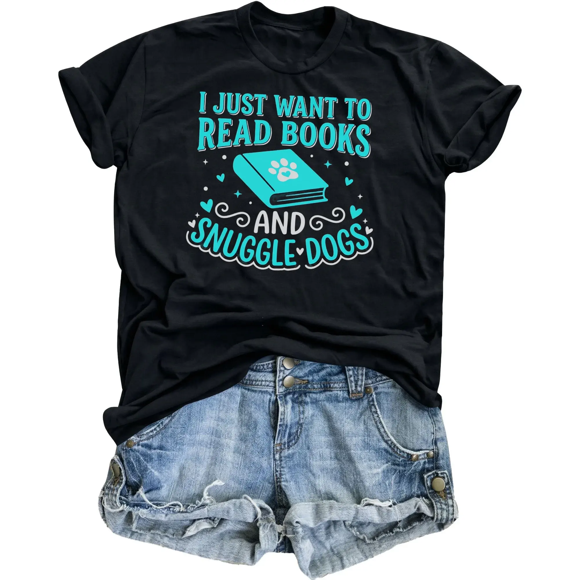 Graphic Tee I Just Want to Read Books and Snuggle Dogs Unisex Crew Neck Short Sleeve Casual Cotton Blend Shirt