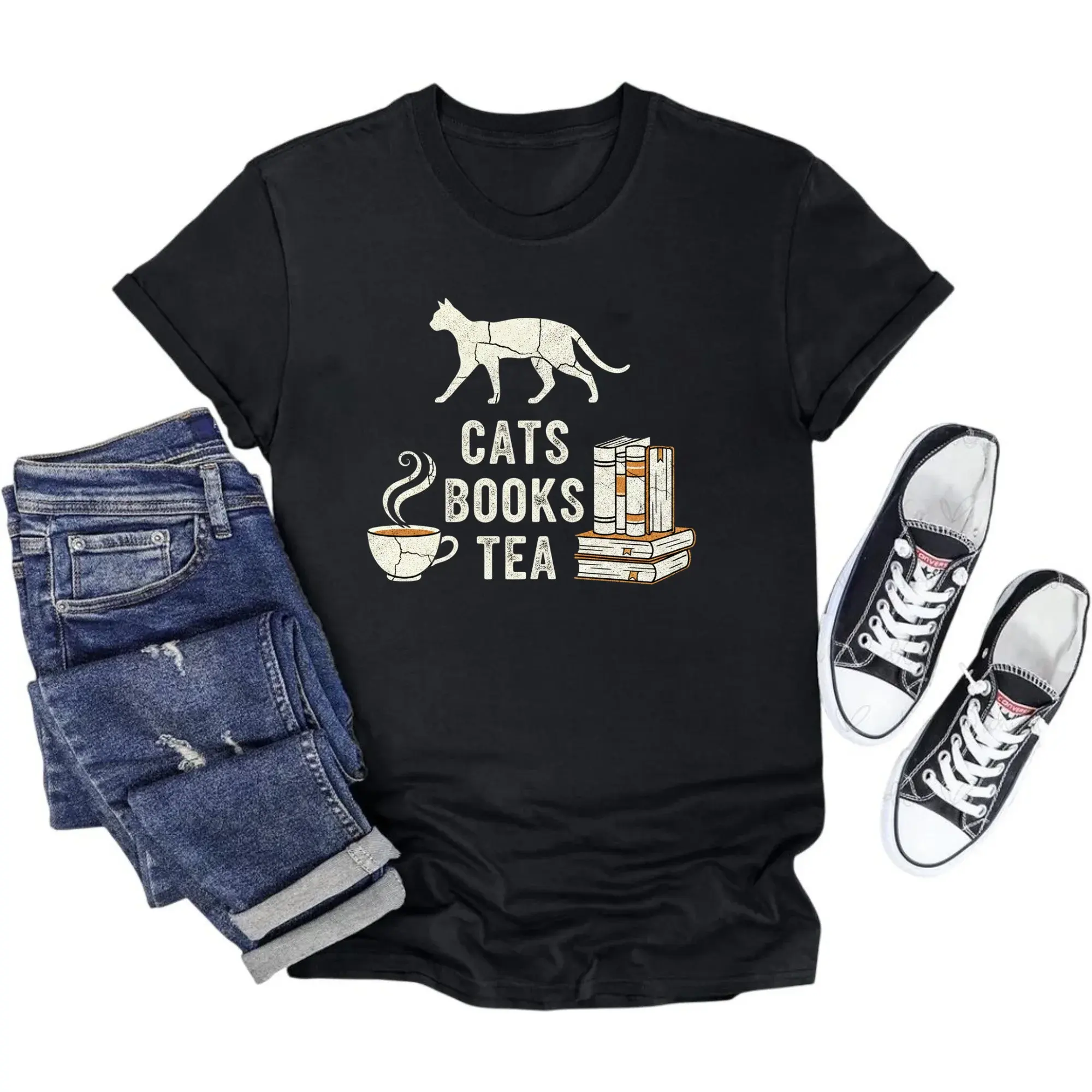 Graphic Tee Cats Books Tea Unisex Shirt Casual Soft Cotton Crew Neck Top for Literature Lovers and Feline Enthusiasts