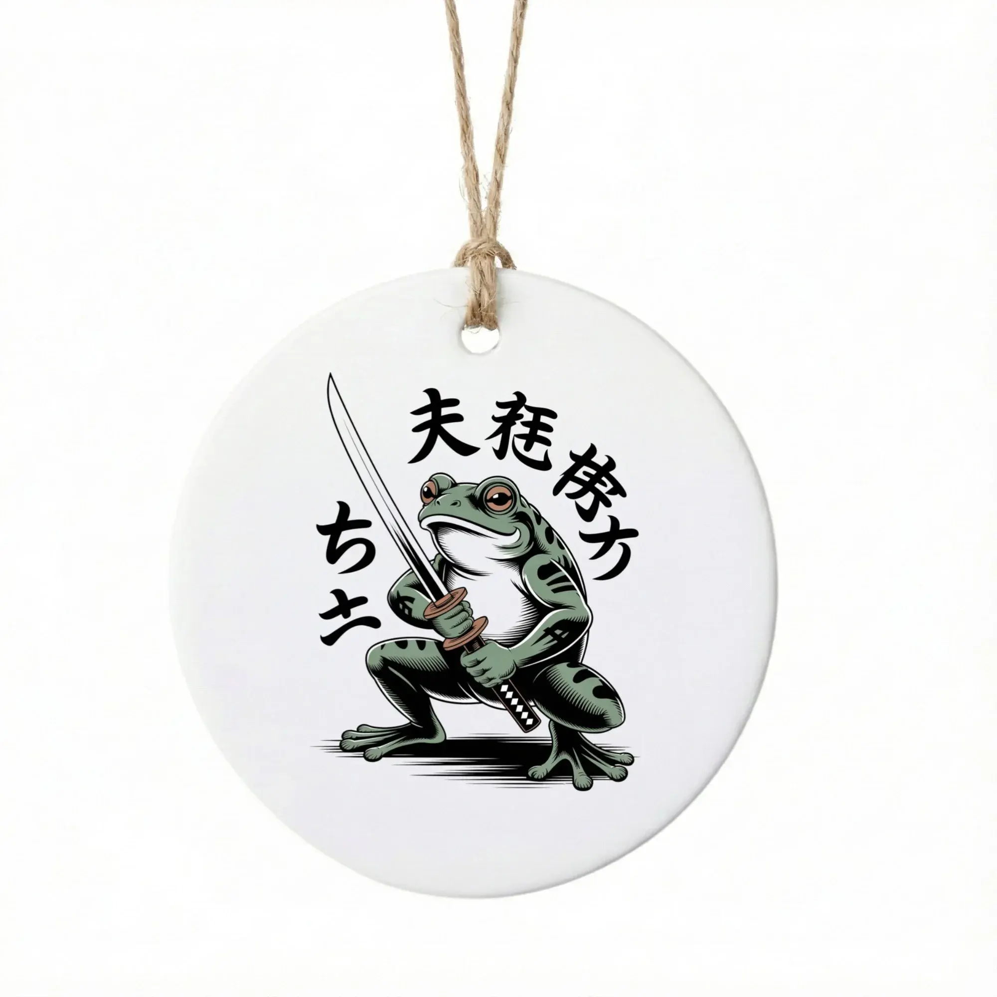 Ceramic Christmas Ornament Featuring a Detailed Samurai Frog Warrior Illustration with Traditional Japanese Text Style