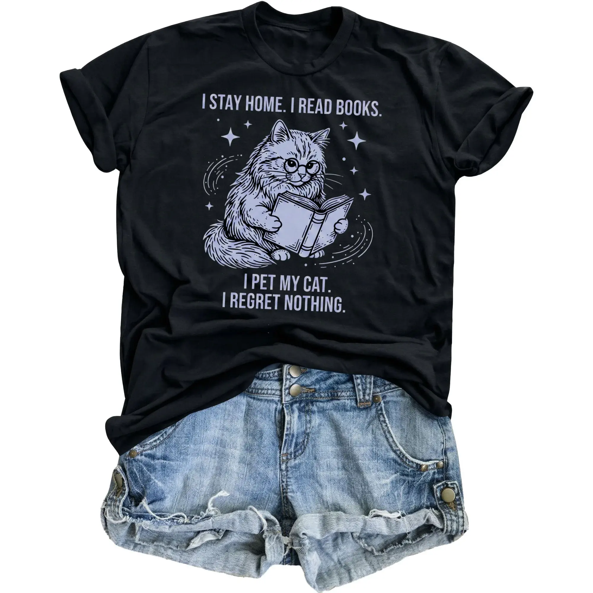 Funny Cat Lover Graphic Tee I Home and Read Books Casual Unisex Crew Neck T-Shirt for Literature Fans