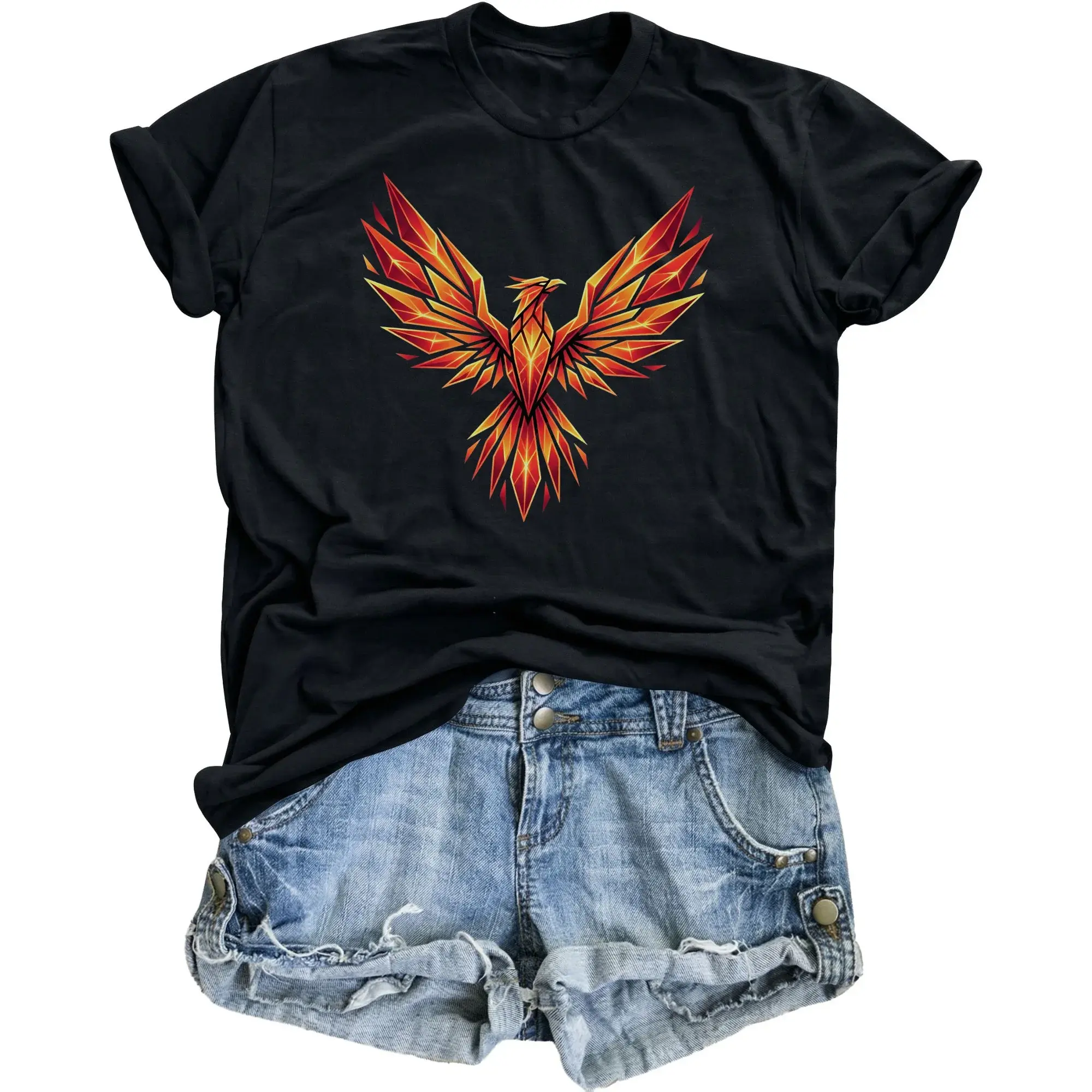 Graphic Tee Unisex Crew Neck T-Shirt Featuring Geometric Phoenix Bird Illustration in Red and Orange Tones