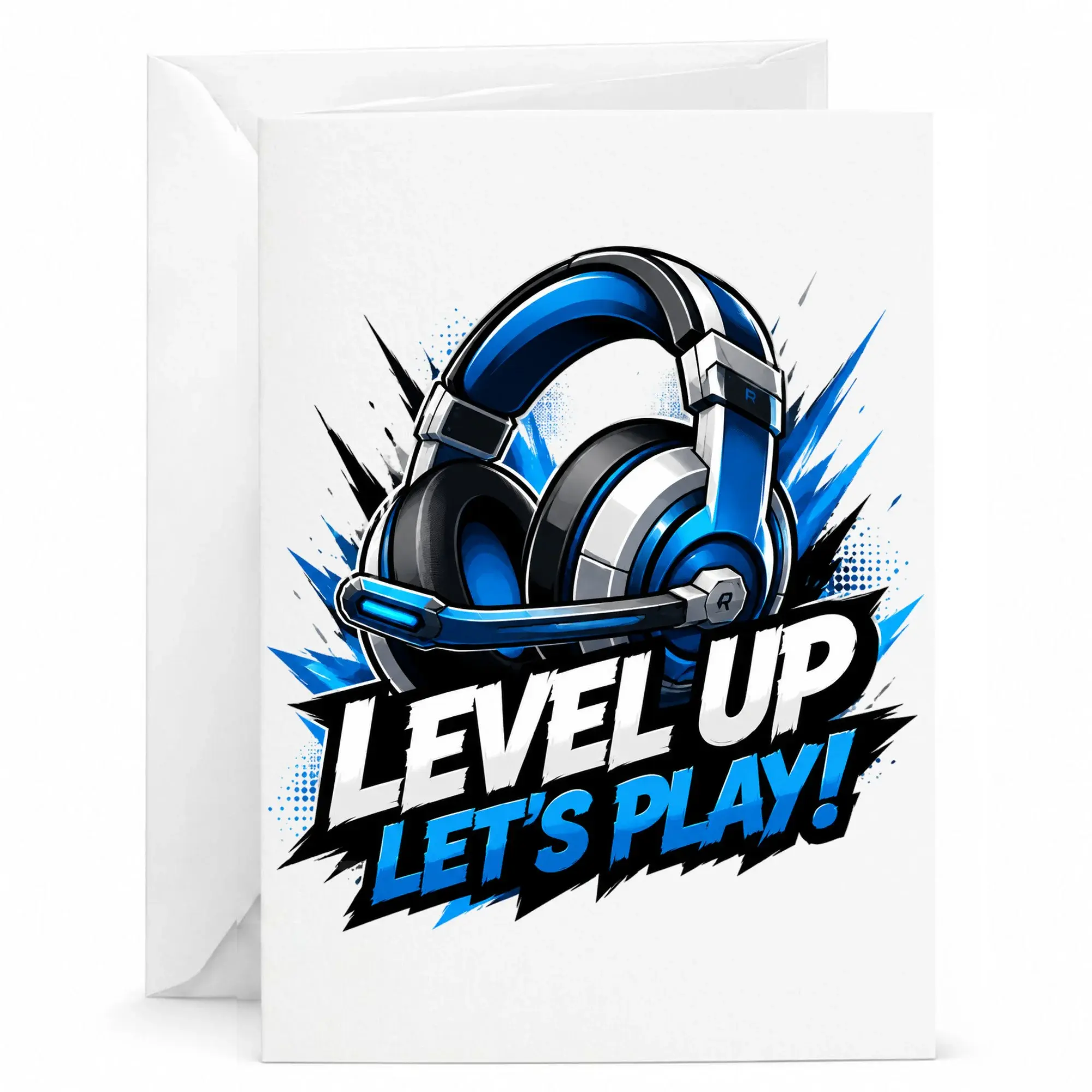 Greeting Card Level up Let's Play Video Game Theme Professional Printed Heavyweight Cardstock with Matching Envelope