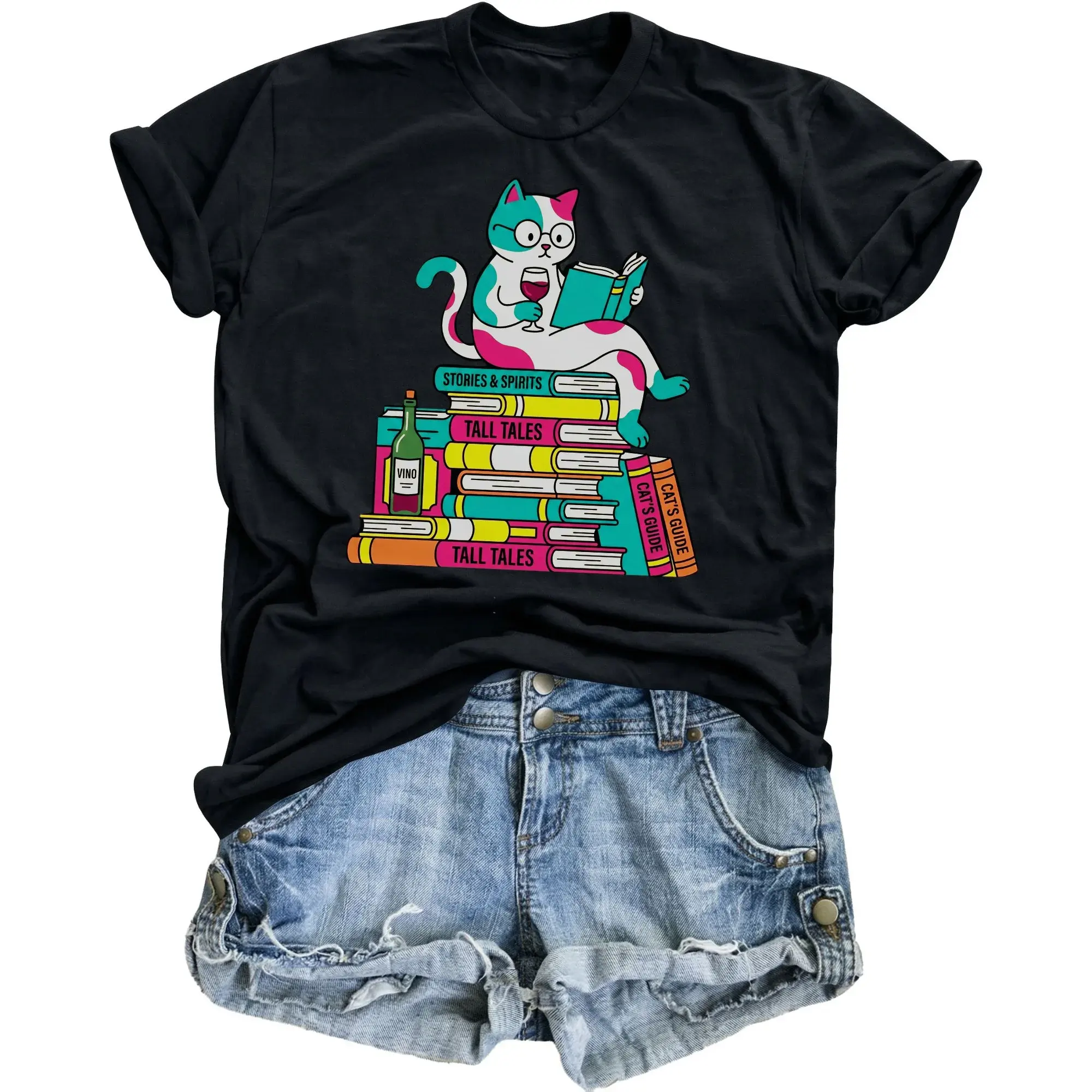 Graphic Tee Funny Reading Cat Shirt with Wine and Books Unisex Casual Apparel for Readers Literature Lovers