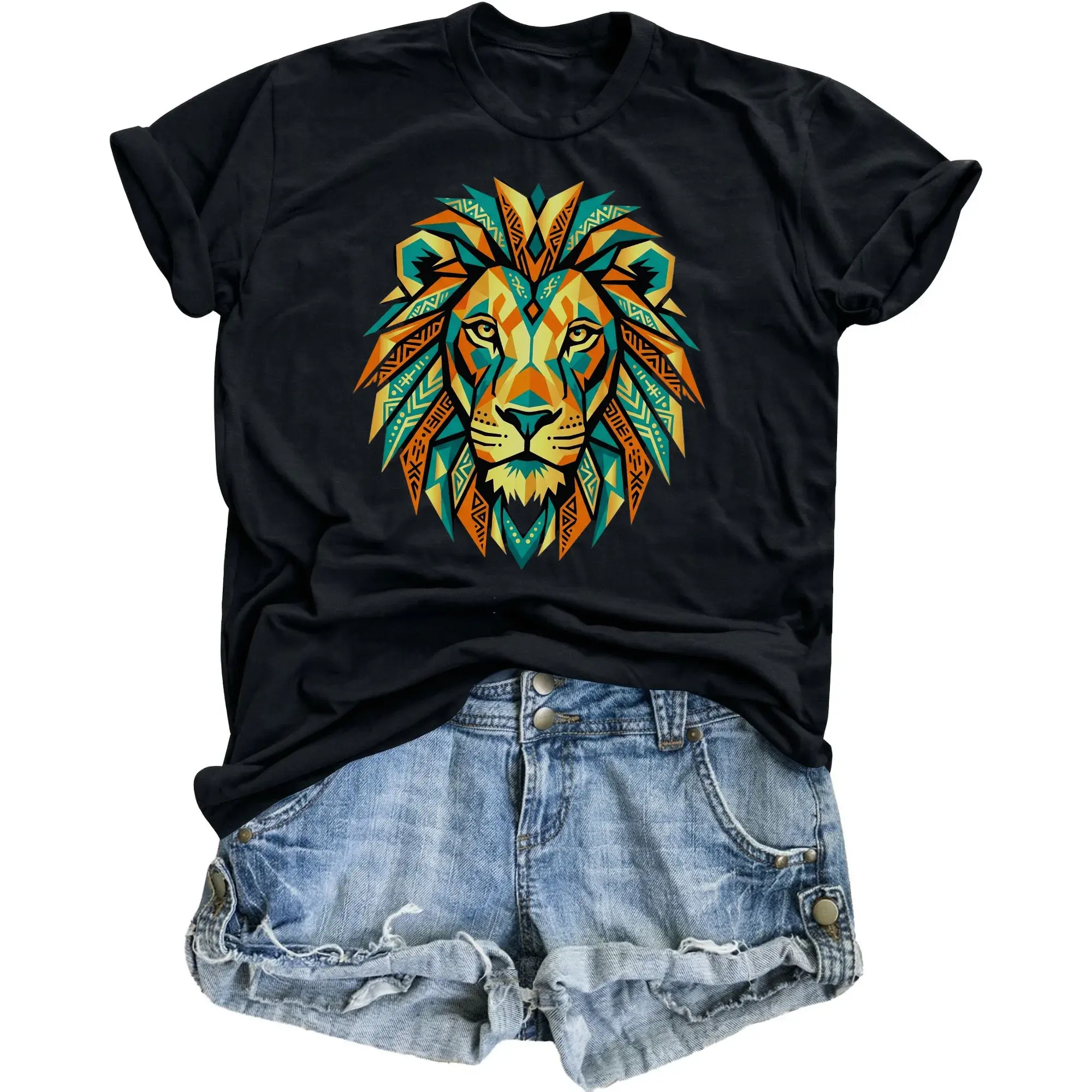 Graphic Tee Unisex Crew Neck T-Shirt Featuring Geometric Lion Artwork for Casual Everyday Wear
