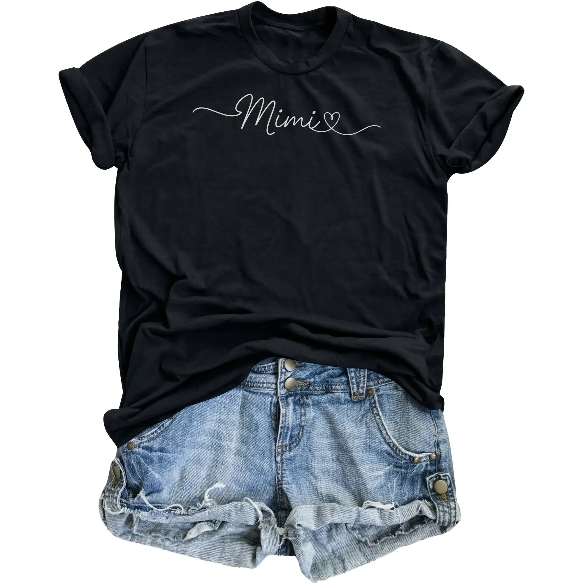 Graphic Tee Mimi Script Text Heart Design Unisex Crew Neck Short Sleeve Cotton Blend Casual Everyday Apparel Shirt