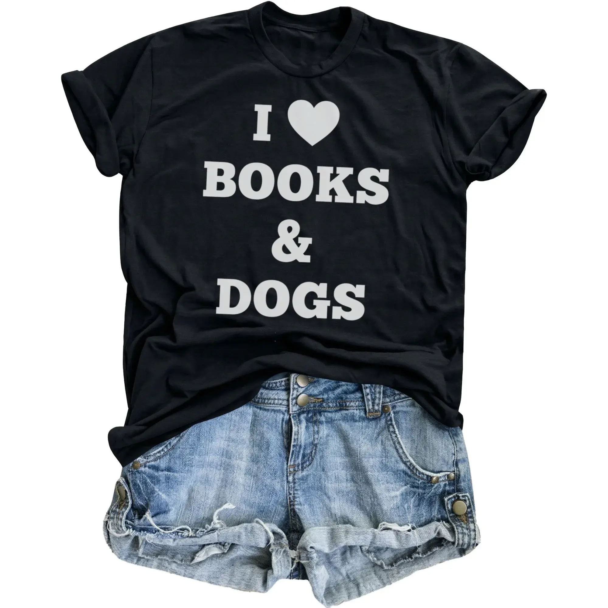 Graphic Tee I Heart Books and Dogs Unisex Casual Crew Neck T-Shirt for Readers Pet Lovers Everyday Outfit