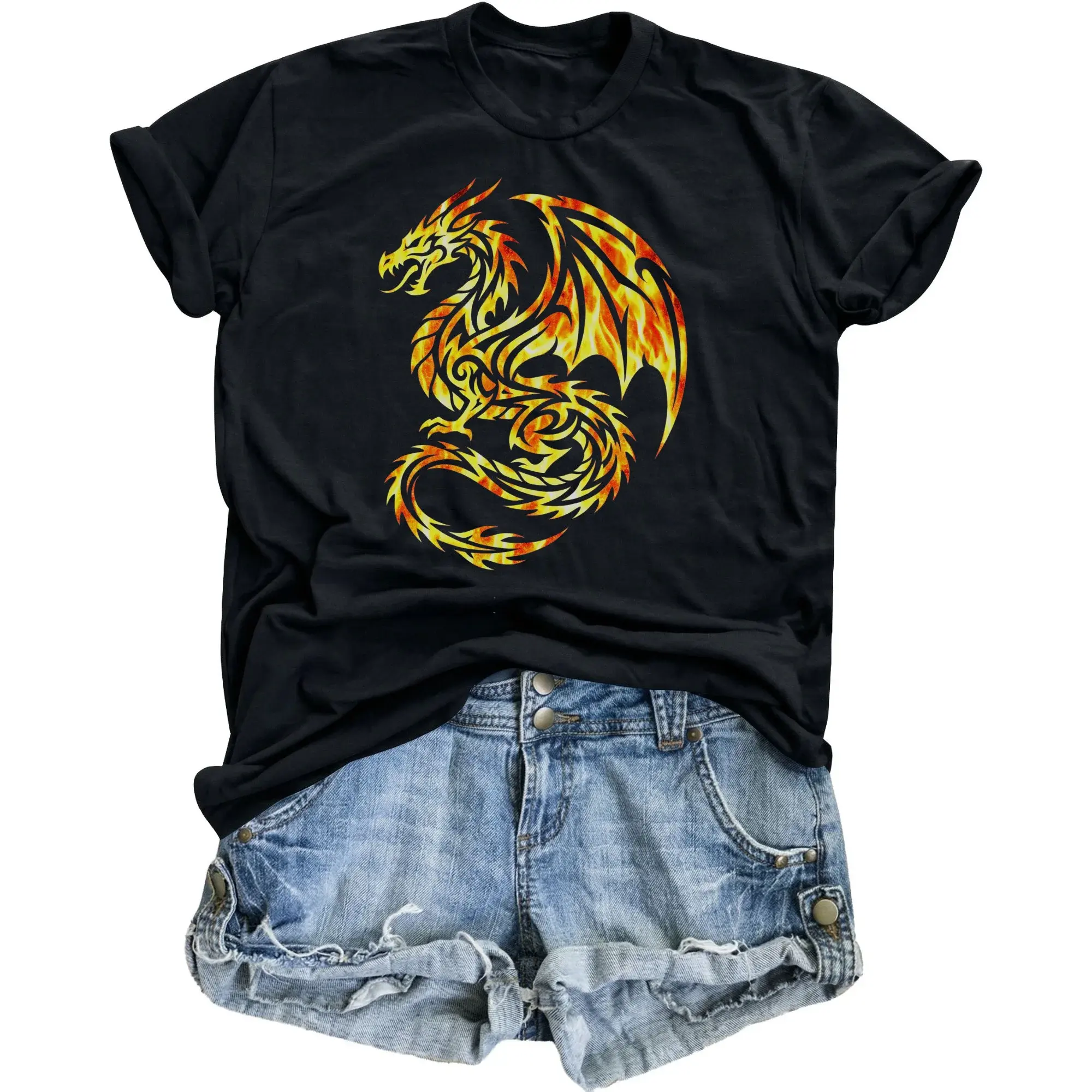 Graphic Tee Unisex Crew Neck T-Shirt Featuring a Detailed Style Dragon with Flame Pattern