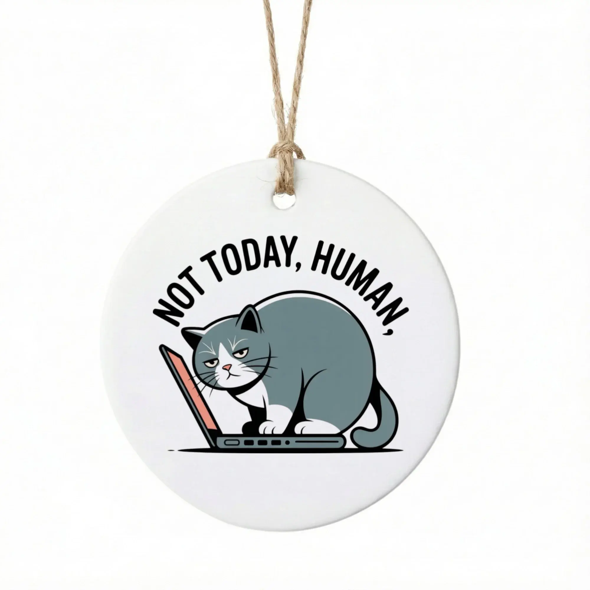 Christmas Ornament Funny Grumpy Cat on Laptop Design Ceramic Holiday Hanging Decoration for Tree or Home Decor