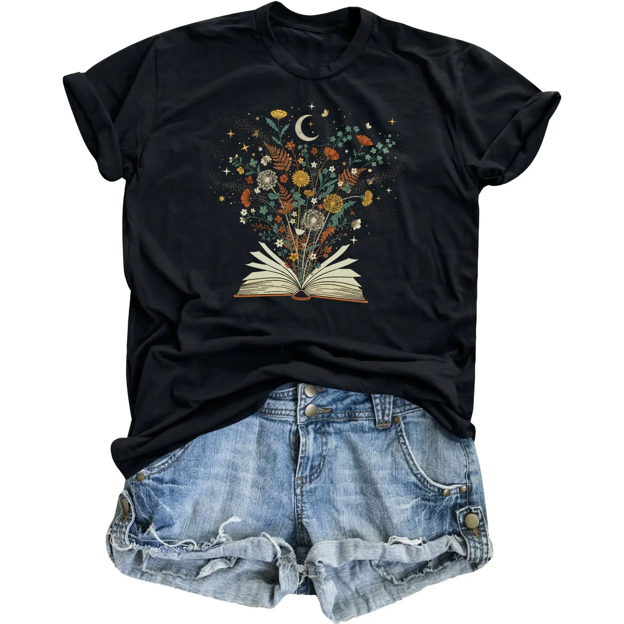Graphic Tee Unisex Open Book Celestial Art Cotton Blend Soft Casual Crew Neck Short Sleeve Everyday Top