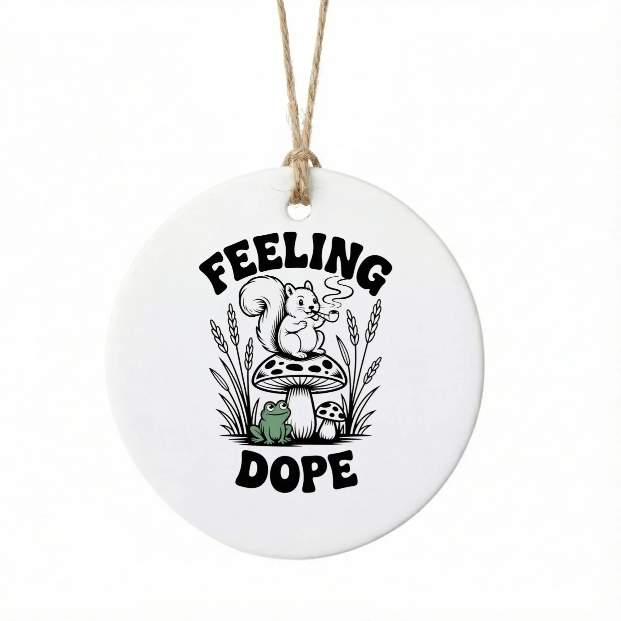 Christmas Ornament Ceramic Round Holiday Decoration Featuring Whimsical Squirrel and Frog Illustration for Festive Decor
