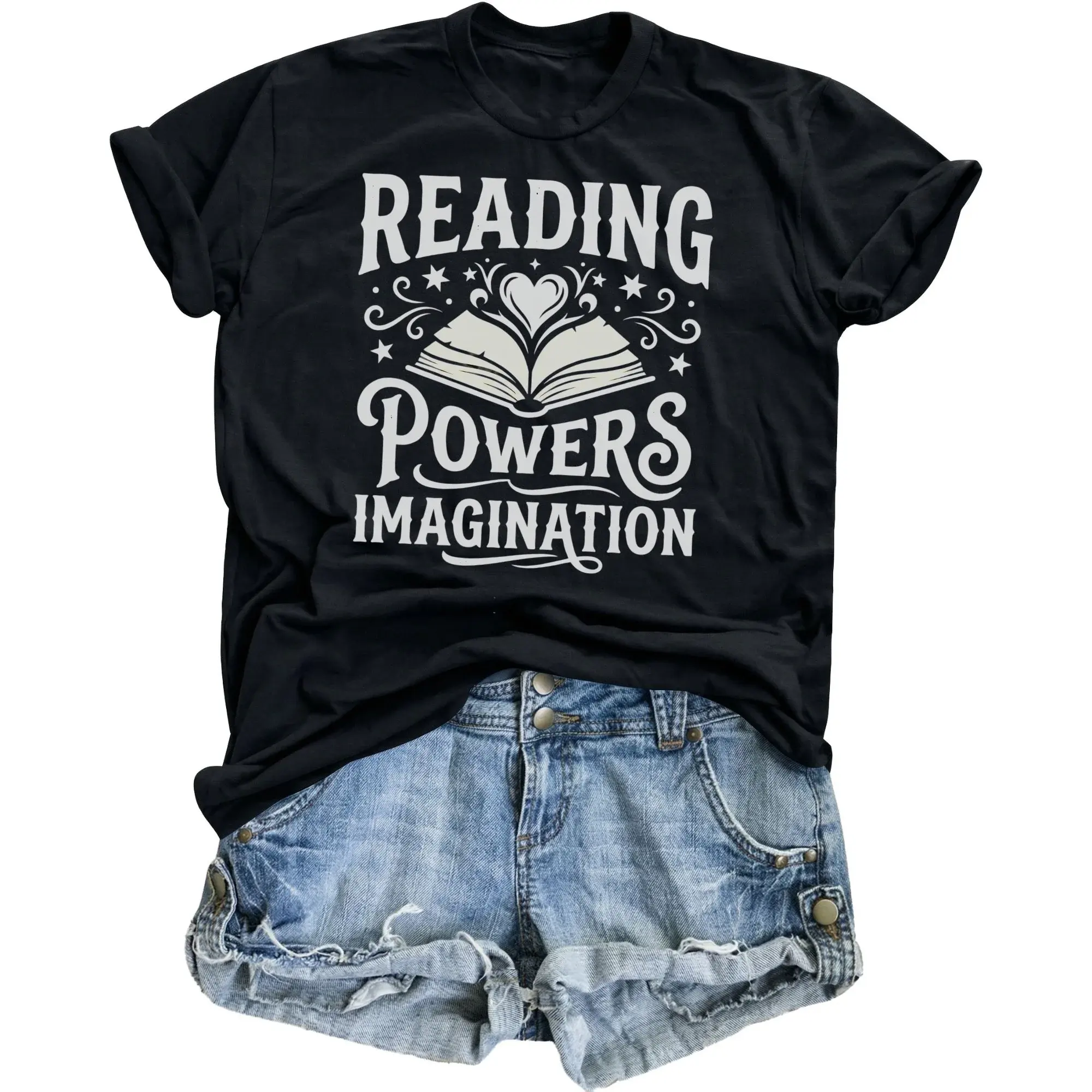 Graphic Tee Reading Powers Imagination Book Lover Shirt Unisex Crew Neck Apparel for Casual Everyday Style and Comfort