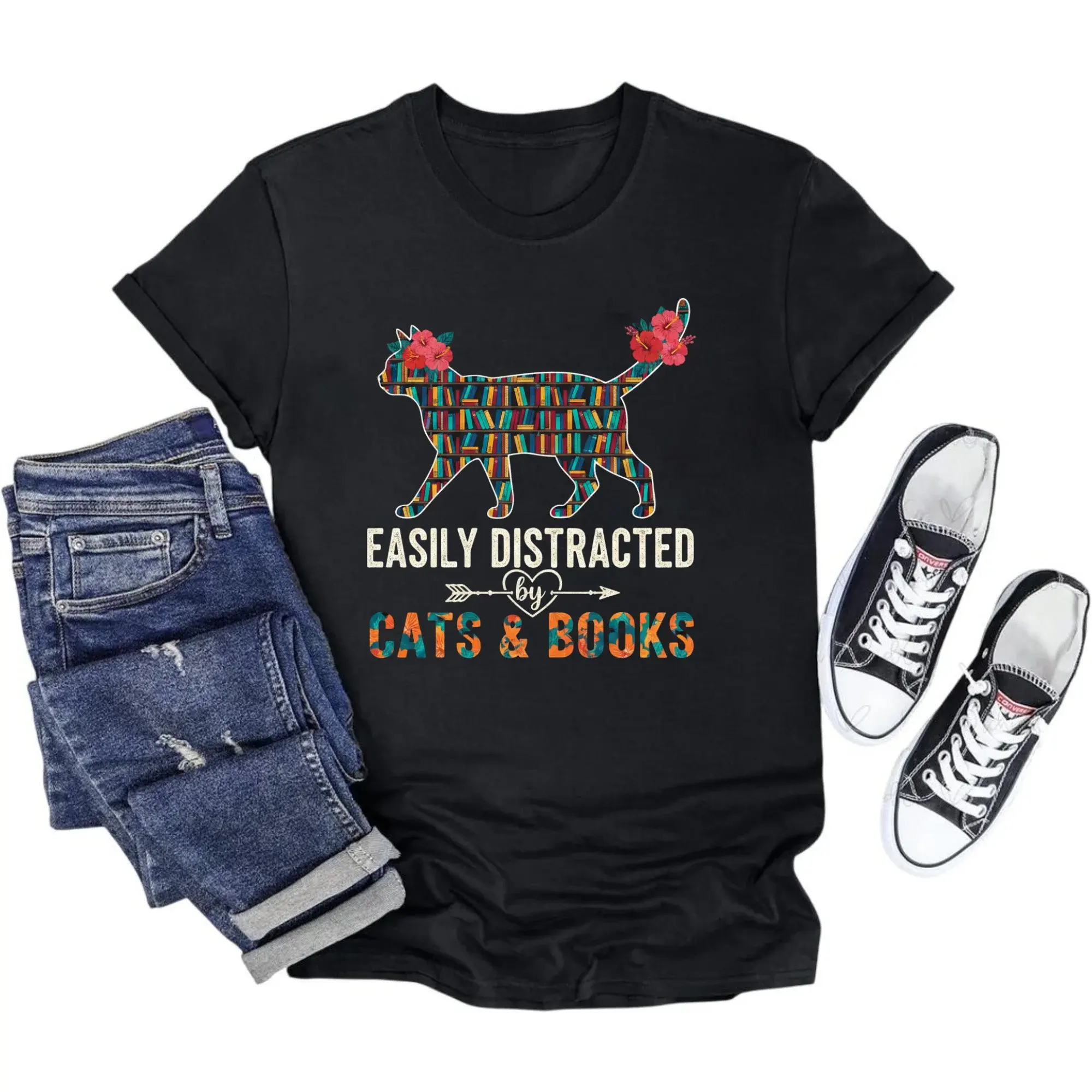Funny Cat and Book Lover Unisex Graphic Tee Easily by Cats Books Casual Cotton Crew Neck T-Shirt