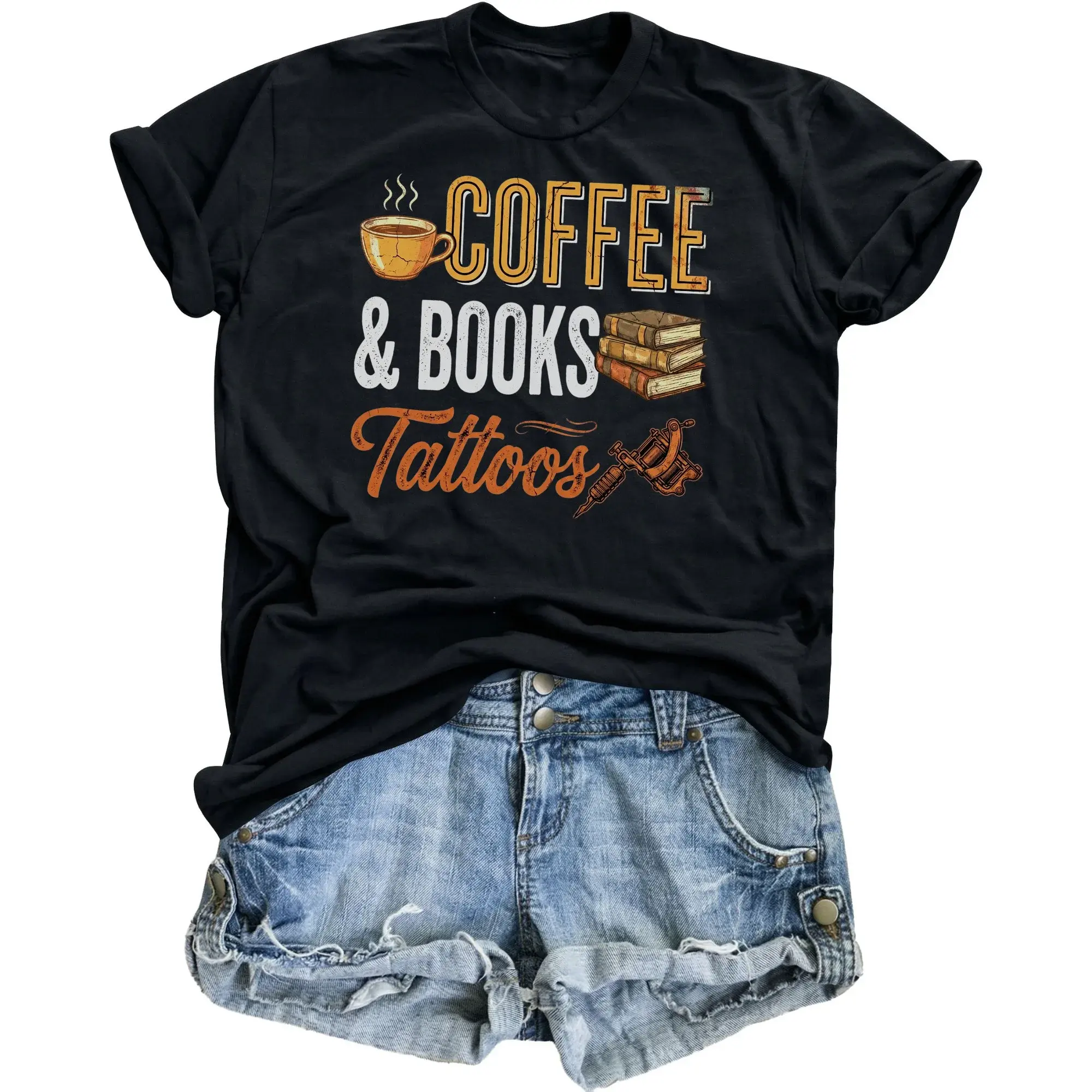 Graphic Tee Coffee Books Tattoos Shirt Casual Unisex Crew Neck Top for Reading Enthusiasts and Ink Art Lovers