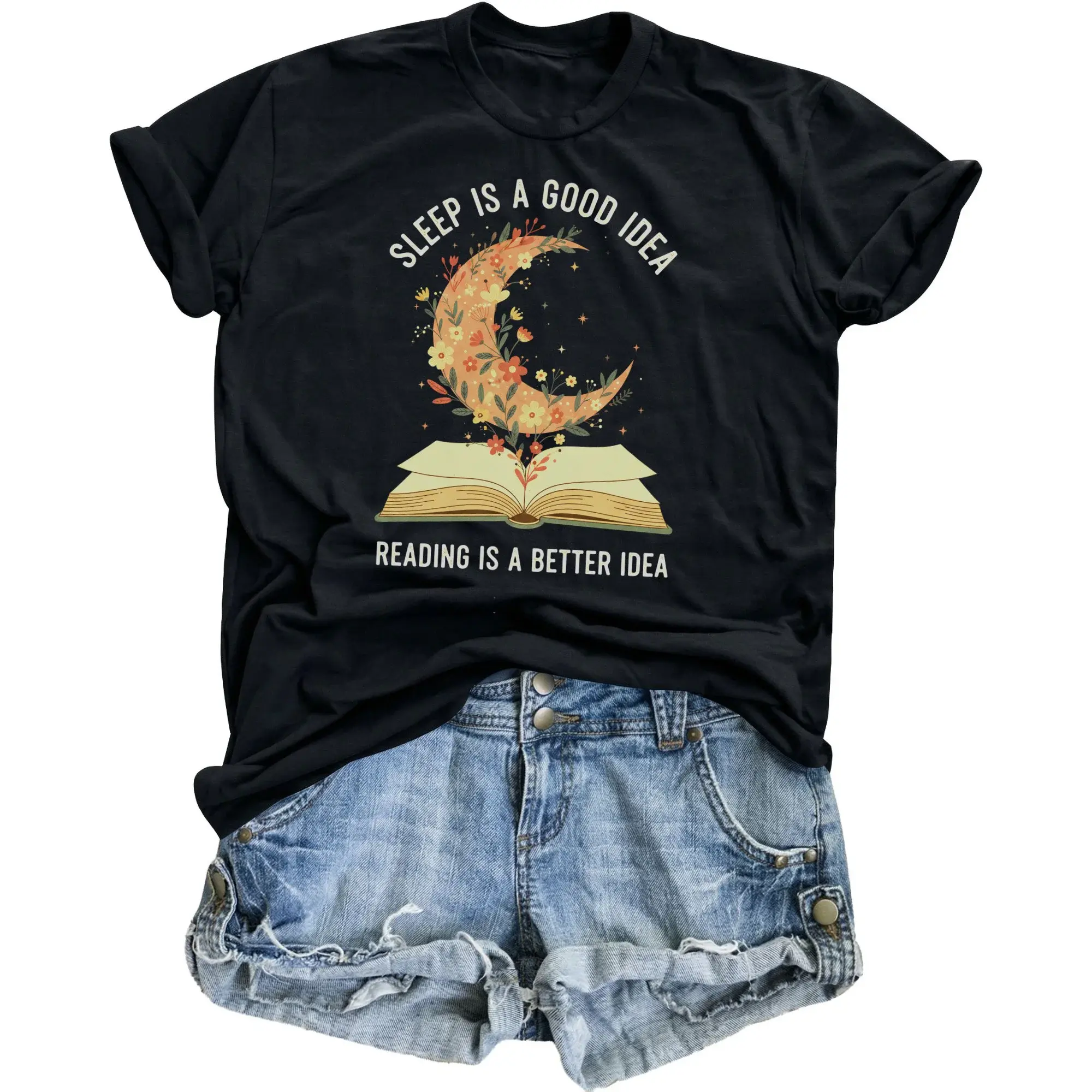 Funny Graphic Tee Shirt for Book Lovers Featuring a Moon Rising from an Open Design Unisex Casual Apparel