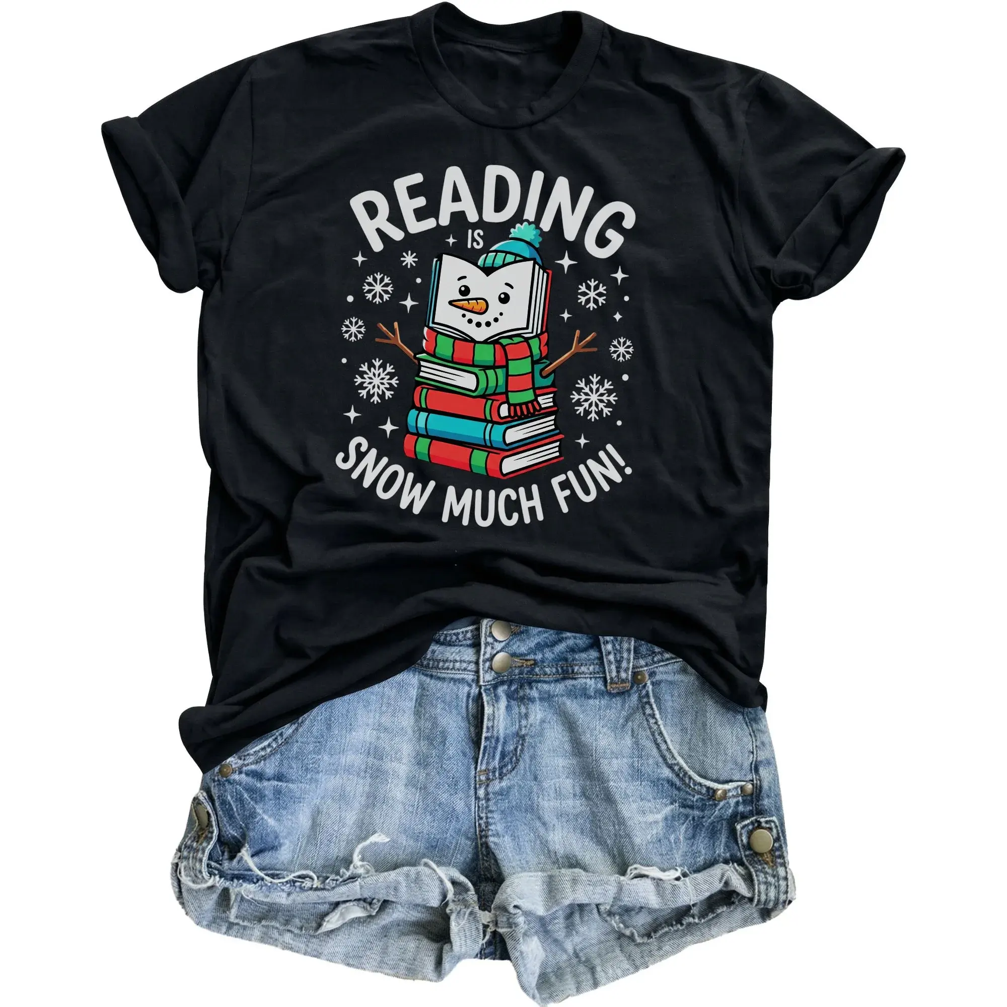 Funny Reading Is Snow Much Fun Graphic Tee Unisex Winter Holiday Season Cotton Blend Crew Neck Short Sleeve Shirt