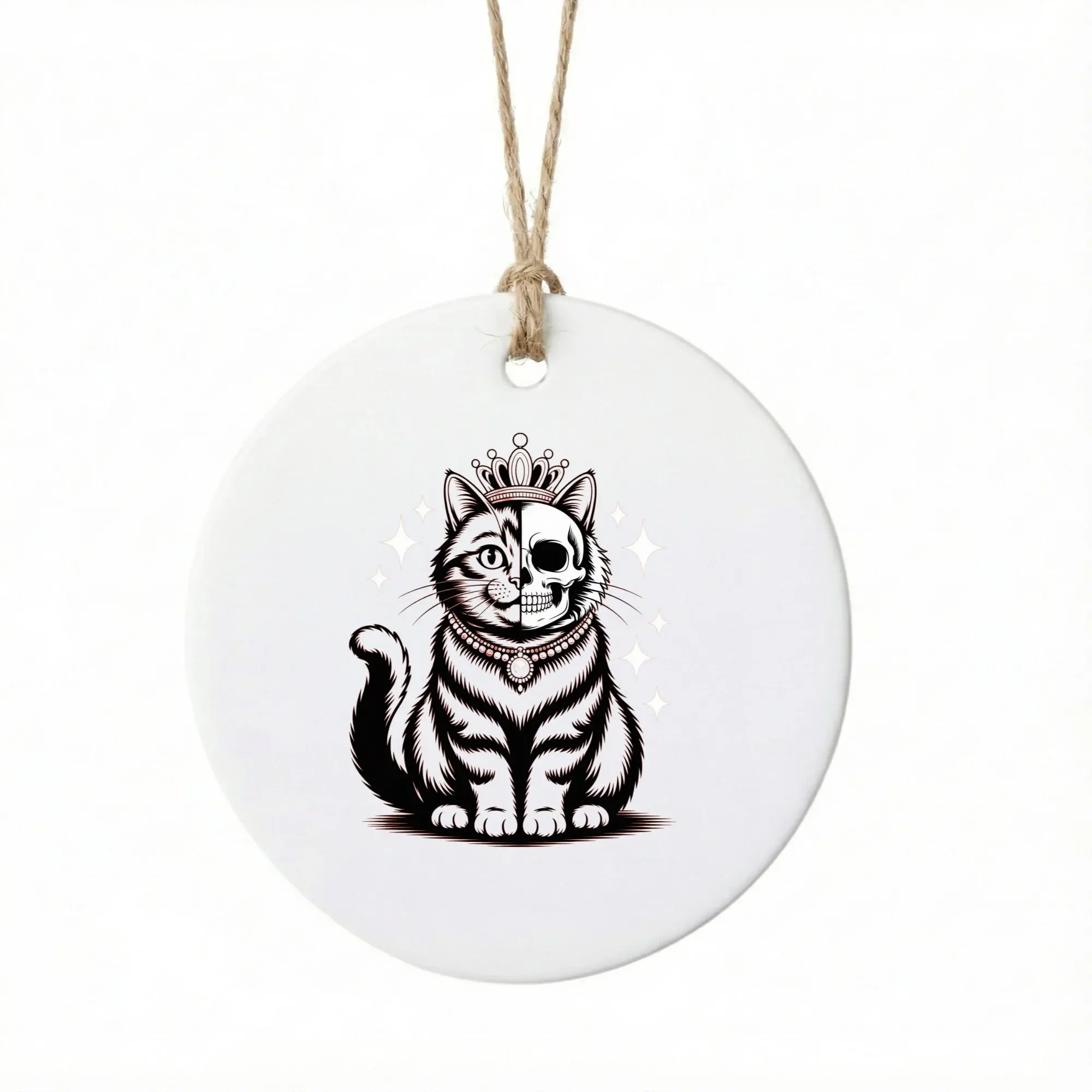 Christmas Ornament Ceramic Cat Queen Skull Design Decorative Holiday Hanging Keepsake Round White Glossy Gift