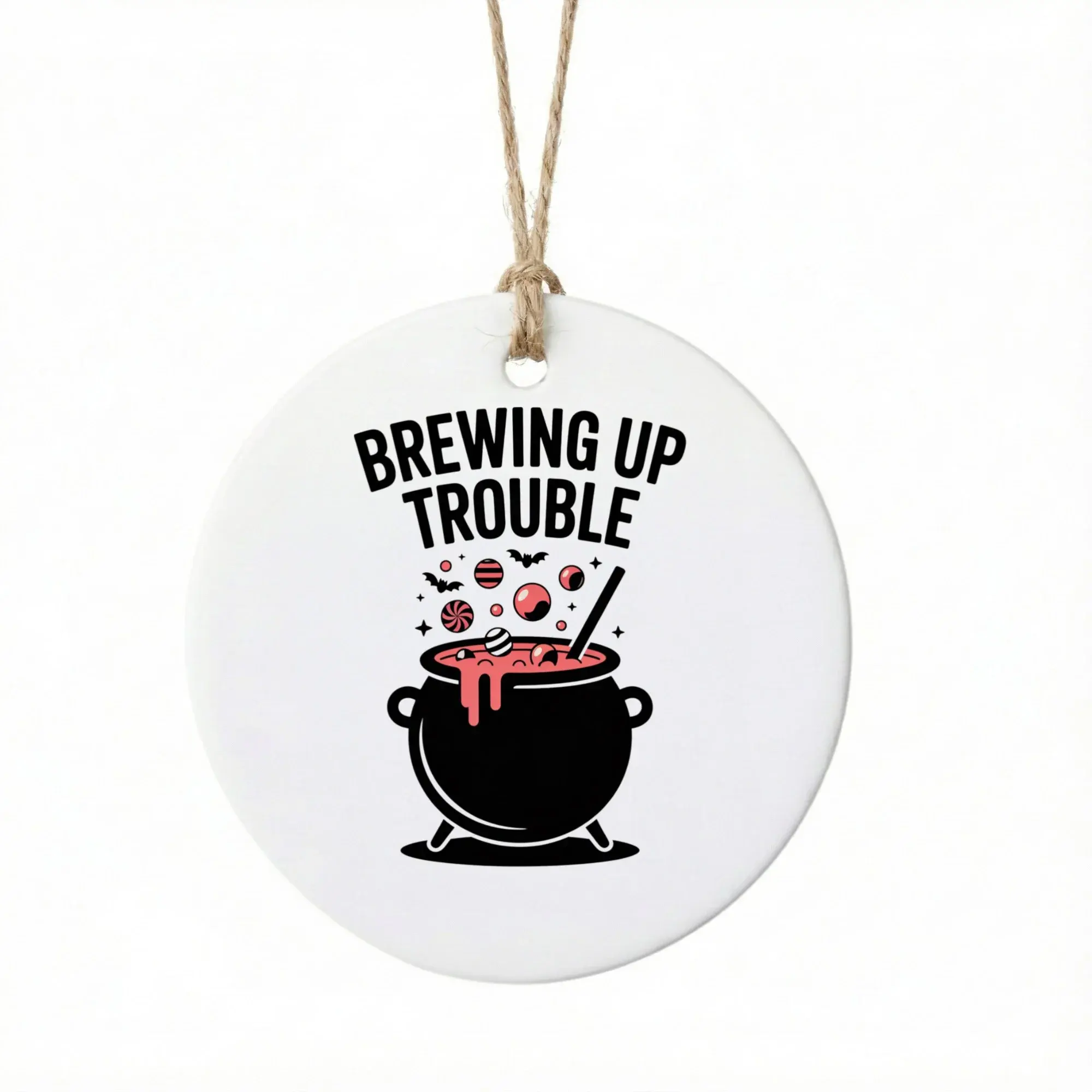 Ceramic Christmas Ornament Brewing up Trouble Design Round Decorative Keepsake for Seasonal Holiday Tree Decorating