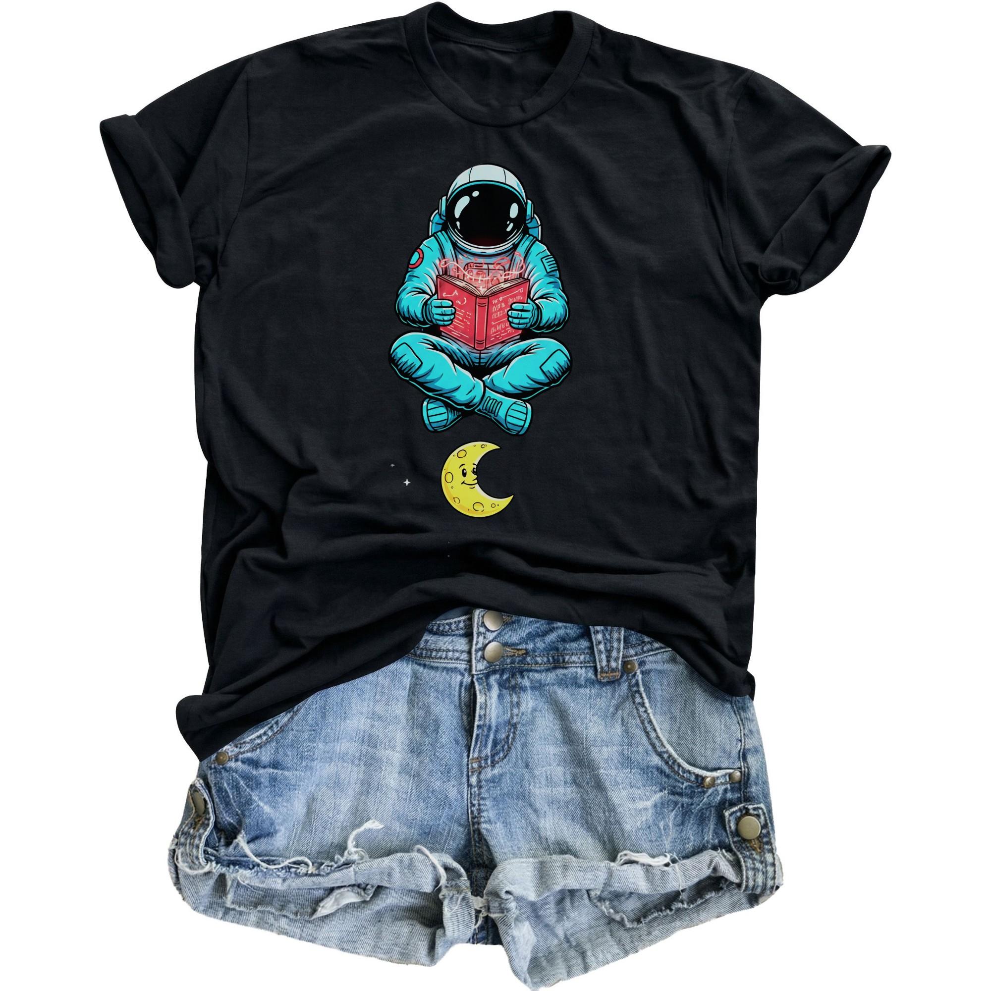 Graphic Tee Unisex Astronaut Reading Book in Space Design Casual Cotton Crew Neck Short Sleeve Soft Comfortable Shirt