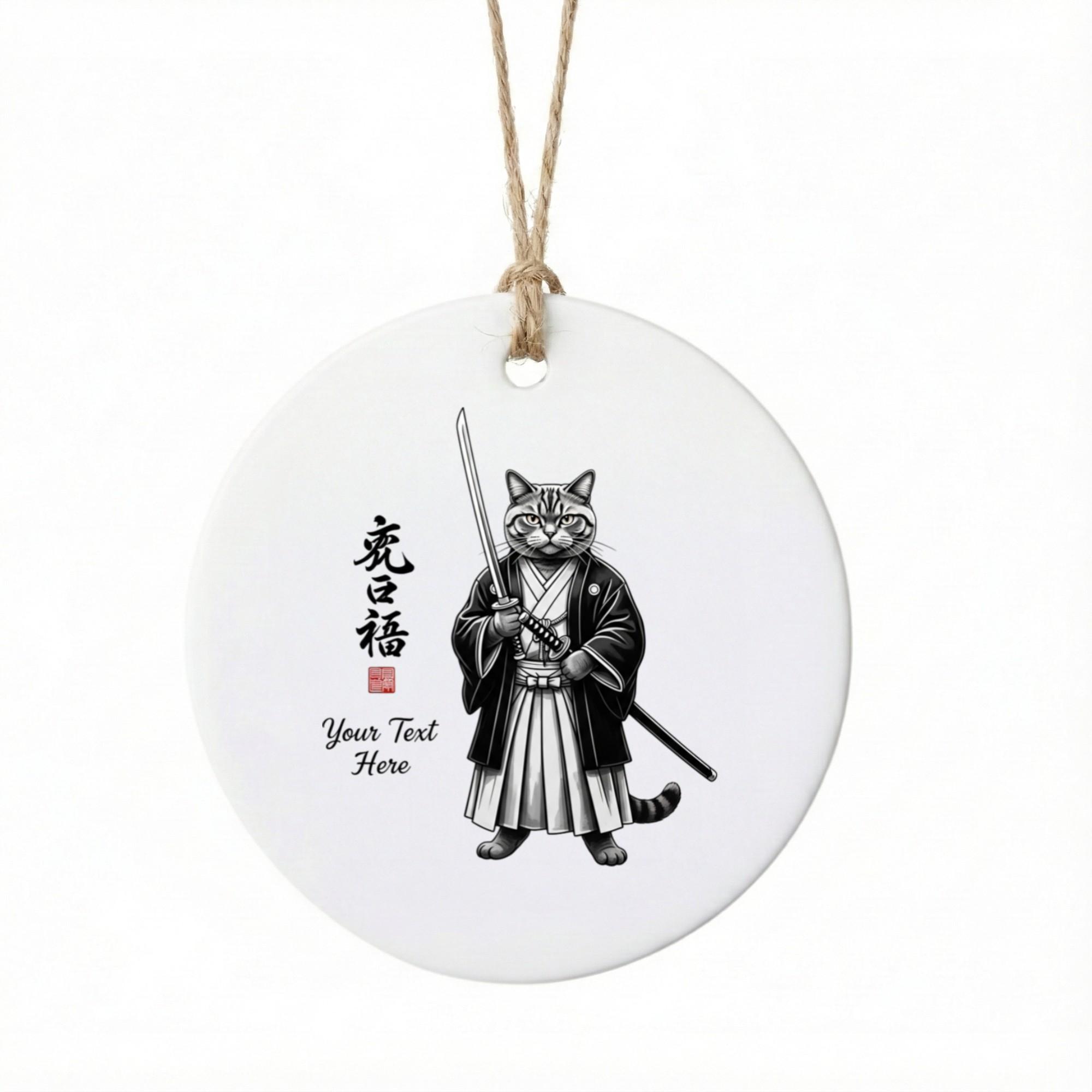 Christmas Ornament Ceramic Samurai Cat Decoration Holiday Tree Keepsake Round Glossy Decorative Gift for Home Decor